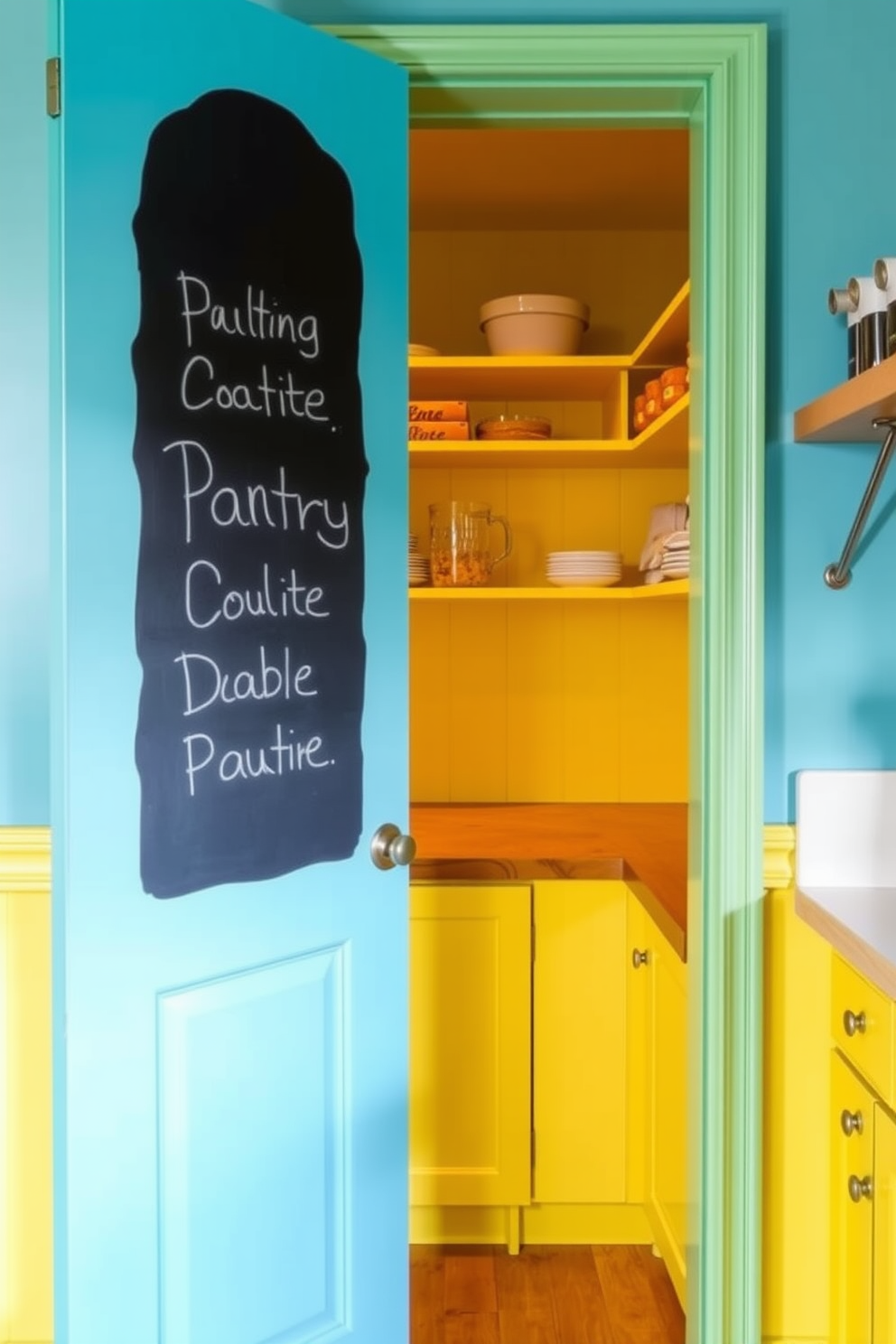 A vibrant pantry featuring a chalkboard paint surface on the door invites creativity and organization. The interior showcases bright yellow cabinetry paired with open shelving for easy access to essentials.