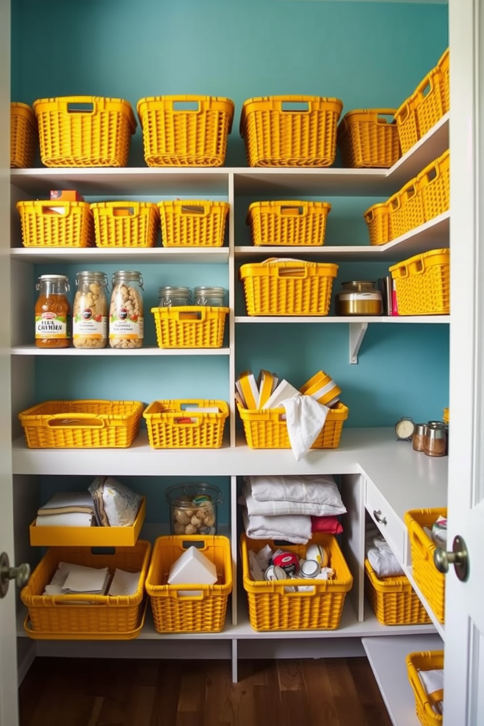 A bright and cheerful pantry design featuring vibrant yellow baskets neatly arranged on open shelves. The baskets are used for organizing various items, creating a functional yet visually appealing space.