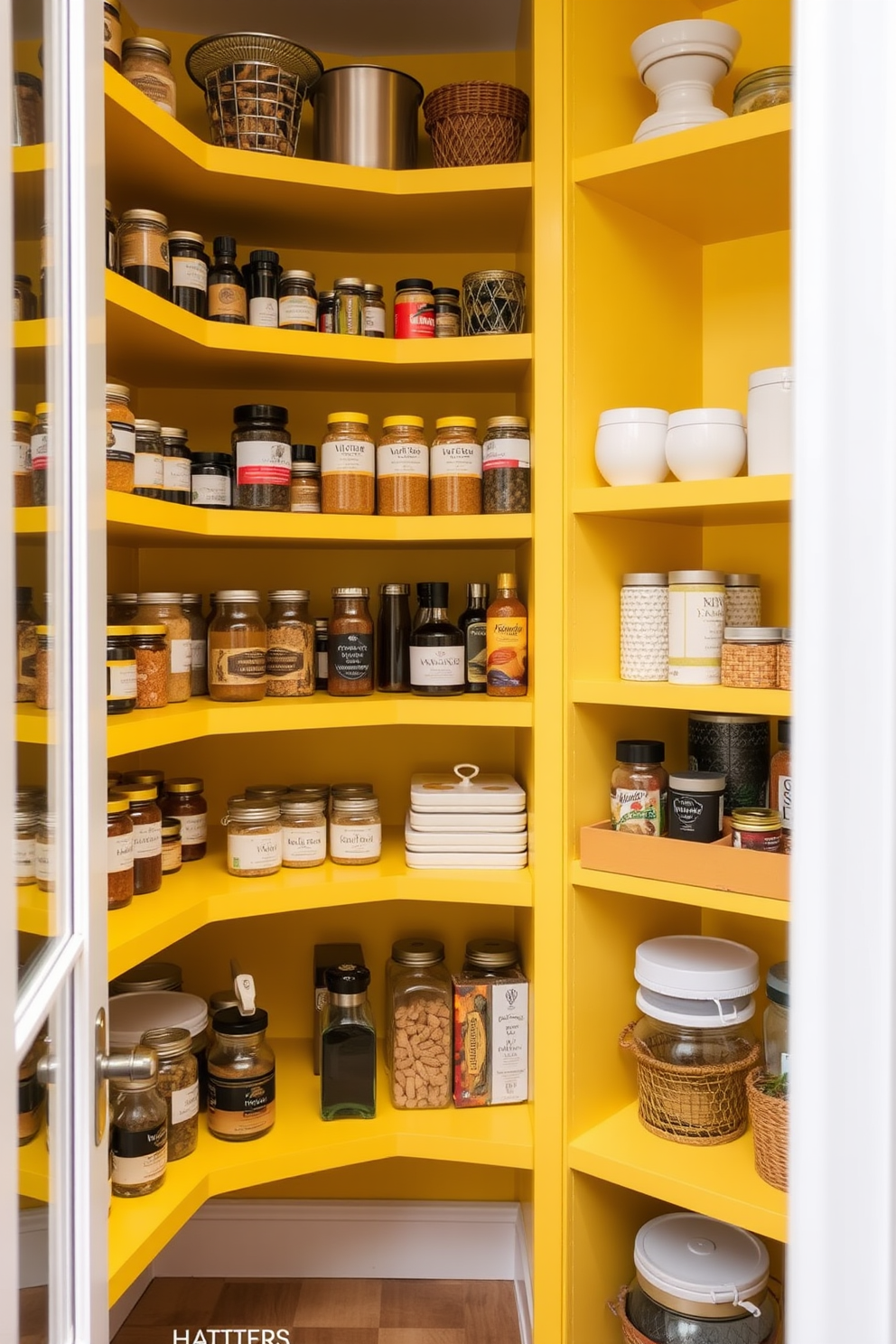 A bright yellow pantry featuring floating shelves that maximize vertical space. The shelves are filled with neatly organized jars, spices, and kitchen essentials, creating an inviting and functional atmosphere.