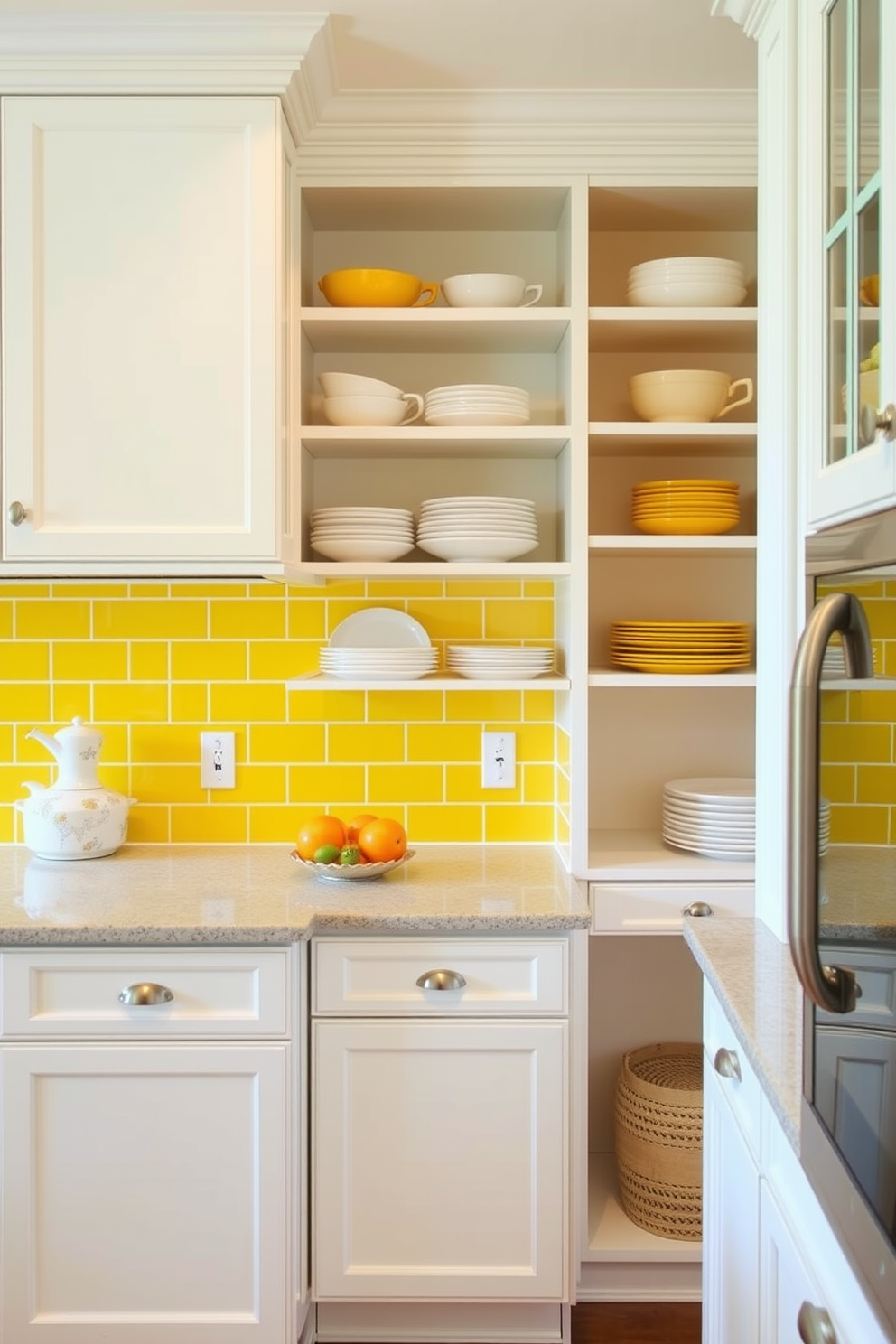 A cheerful kitchen setting featuring a yellow tile backsplash that brightens the space. The cabinetry is a crisp white, complementing the vibrant yellow tiles and enhancing the overall warmth of the room. Incorporate a spacious yellow pantry designed with open shelving to display colorful dishware. The pantry includes a small countertop area for meal prep, creating a functional and inviting atmosphere.