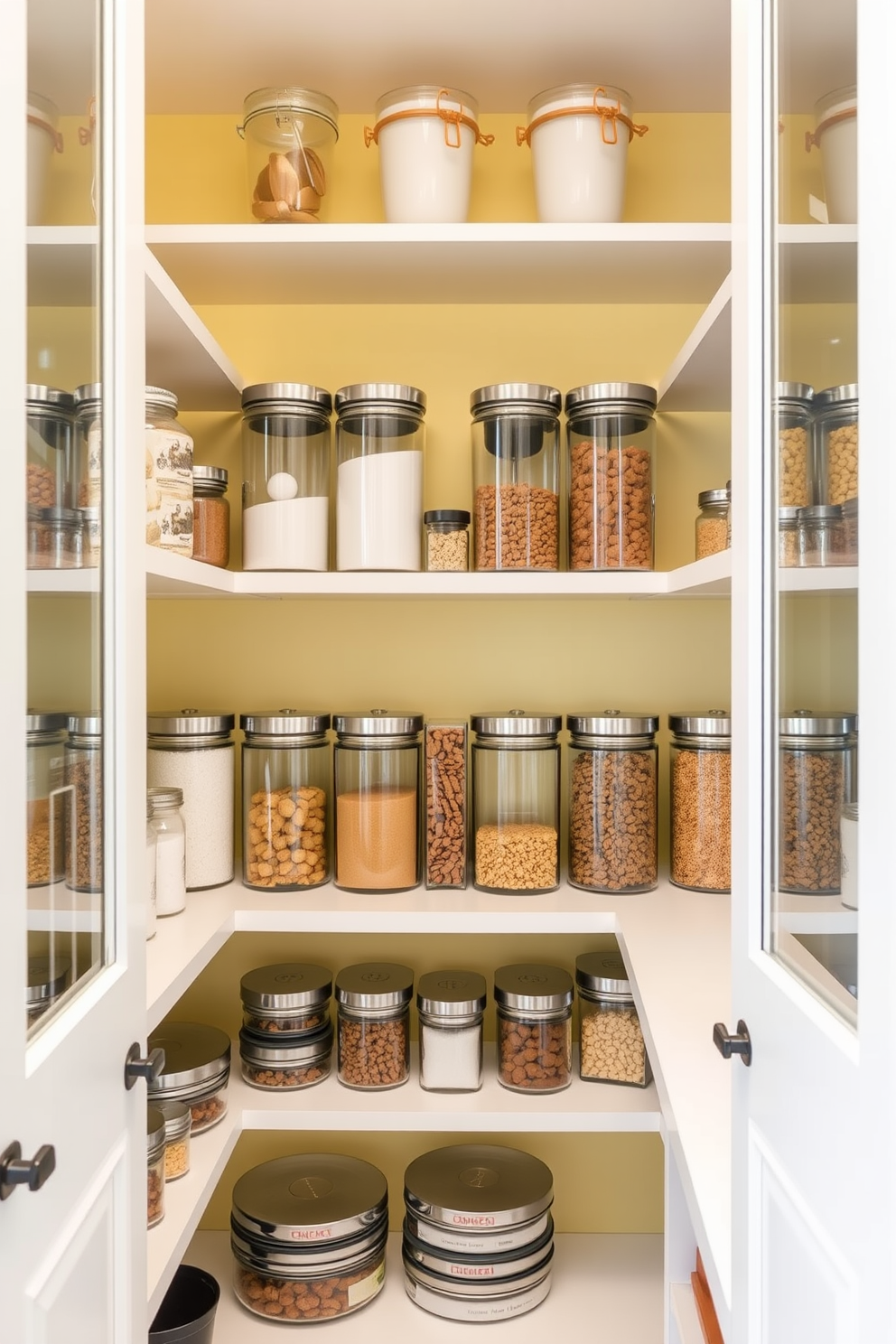 A modern pantry design featuring sleek glass containers neatly arranged on open shelves. The walls are painted in a soft yellow hue, creating a bright and inviting atmosphere.