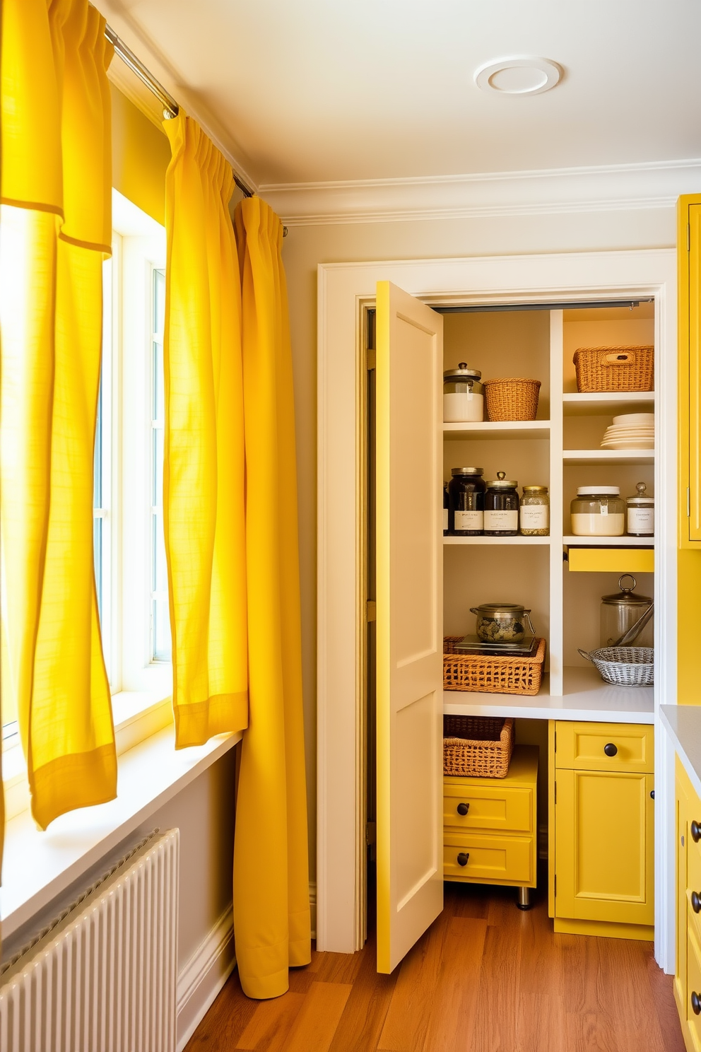 A bright and cheerful kitchen featuring yellow-framed mirrors that reflect natural light throughout the space. The pantry showcases a clever design with open shelving, allowing for easy access to colorful jars and ingredients. The walls are painted in a soft white to enhance the brightness created by the mirrors. A rustic wooden table sits in the center, surrounded by vibrant chairs that complement the yellow accents.