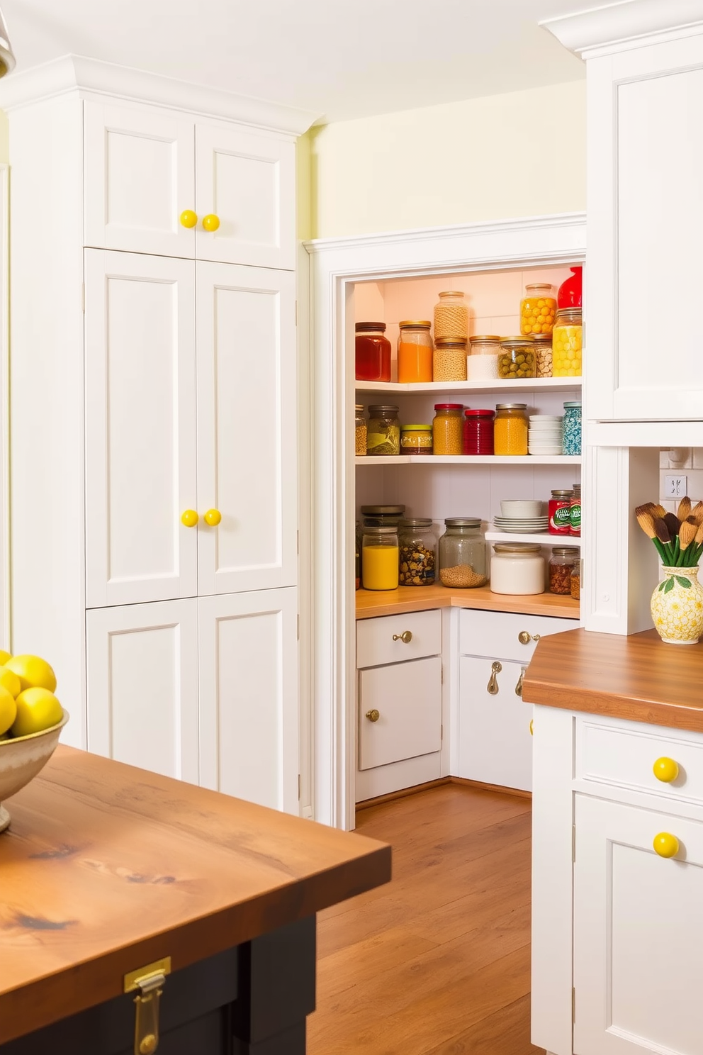 A kitchen with a bright and cheerful atmosphere featuring decorative yellow knobs on the cabinets. The cabinets are a crisp white, and the yellow knobs add a pop of color that enhances the overall design. The pantry is designed with open shelving to display colorful jars and containers. A rustic wooden countertop provides a functional workspace, while the walls are painted in a soft pastel hue that complements the yellow accents.