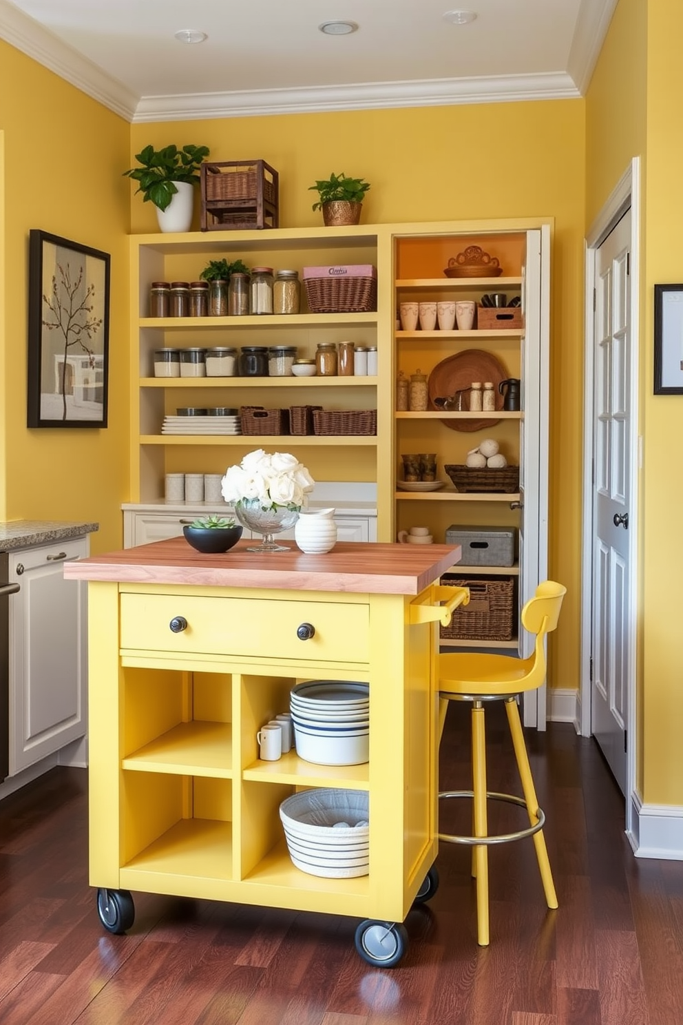 A bright and inviting kitchen featuring yellow curtains that frame a large window, allowing natural light to fill the space. The cheerful yellow fabric adds warmth and a playful touch to the overall design. A stylish pantry with yellow cabinetry that contrasts beautifully with white shelving and countertops. The design includes organized storage solutions and decorative elements that enhance the pantry's functionality and aesthetic appeal.