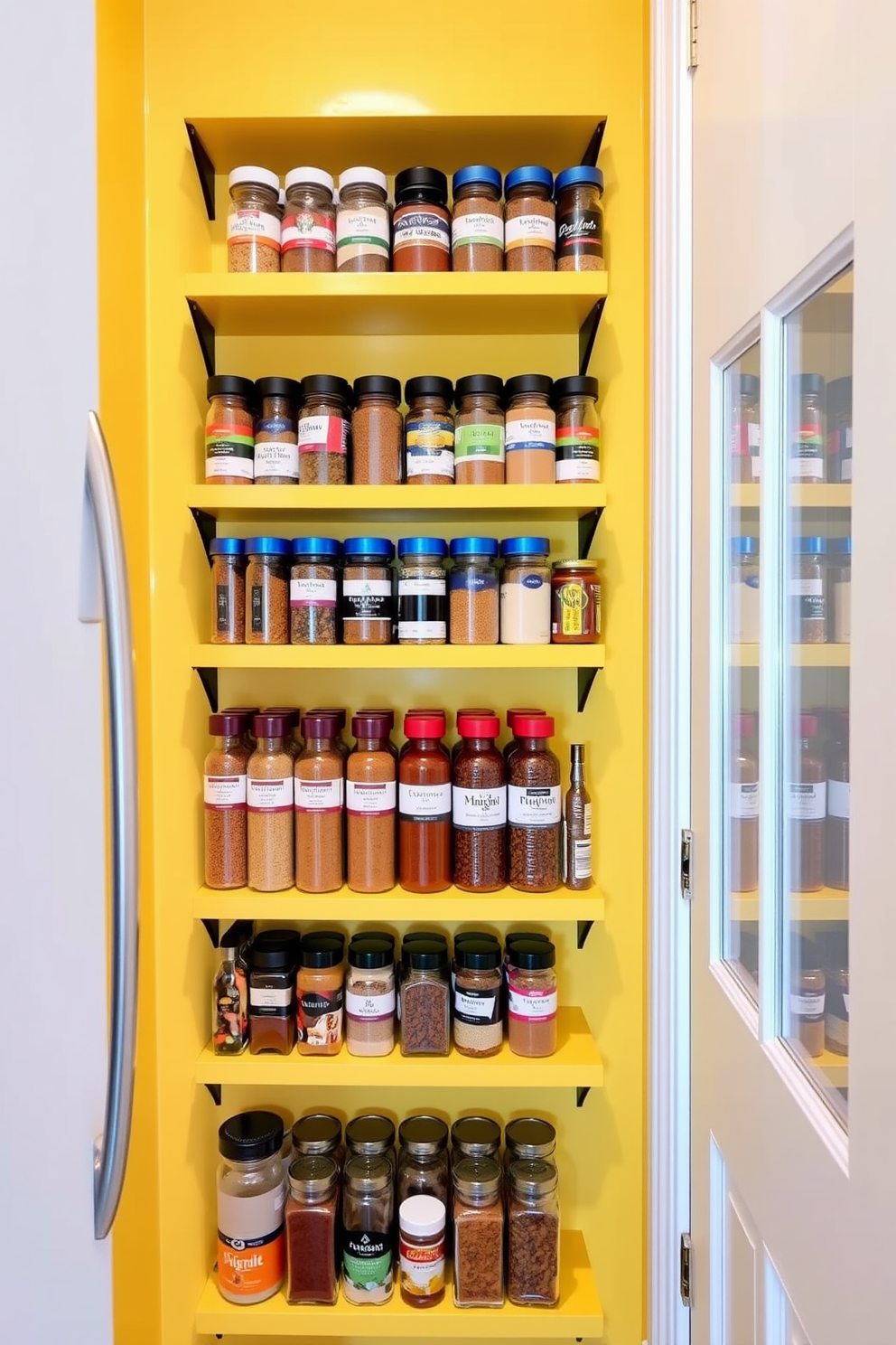 A vibrant yellow pantry features wall-mounted spice racks that add a pop of color and organization. The shelves are neatly arranged with an array of spices in glass jars, creating an inviting and functional cooking space.