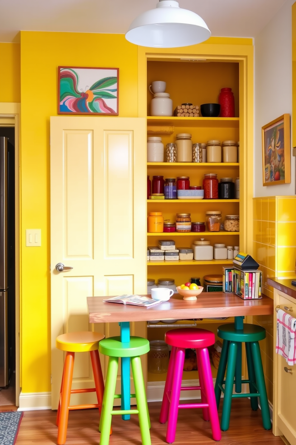 A cheerful kitchen setting with yellow and white striped wallpaper that adds a playful touch to the space. The pantry features open shelving displaying colorful jars and a bright white countertop that complements the vibrant wall design.