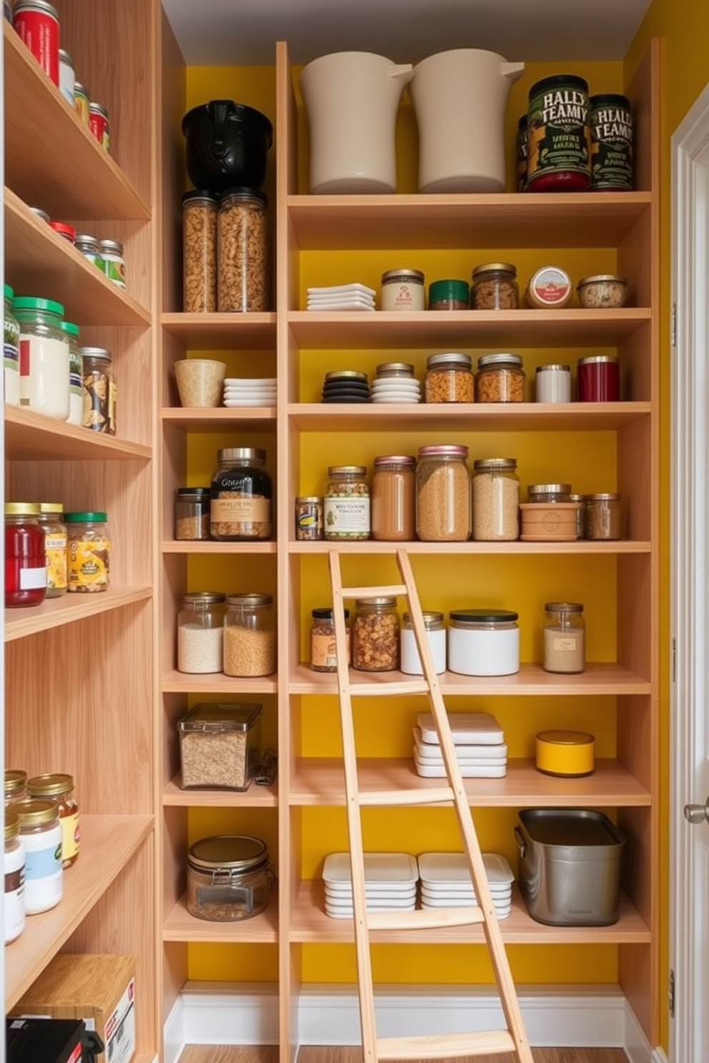 A bright and cheerful pantry adorned with wallpaper featuring vibrant yellow patterns. The space is filled with open shelving displaying colorful jars and kitchenware, creating an inviting atmosphere.