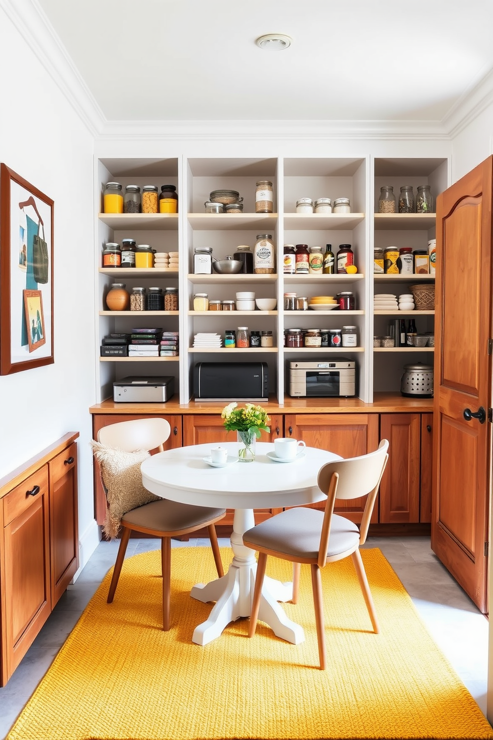 A bright and cheerful pantry featuring yellow cabinetry that adds a pop of color to the space. The shelves are neatly organized with clear containers, and a vibrant piece of yellow artwork hangs on the wall, enhancing the inviting atmosphere.