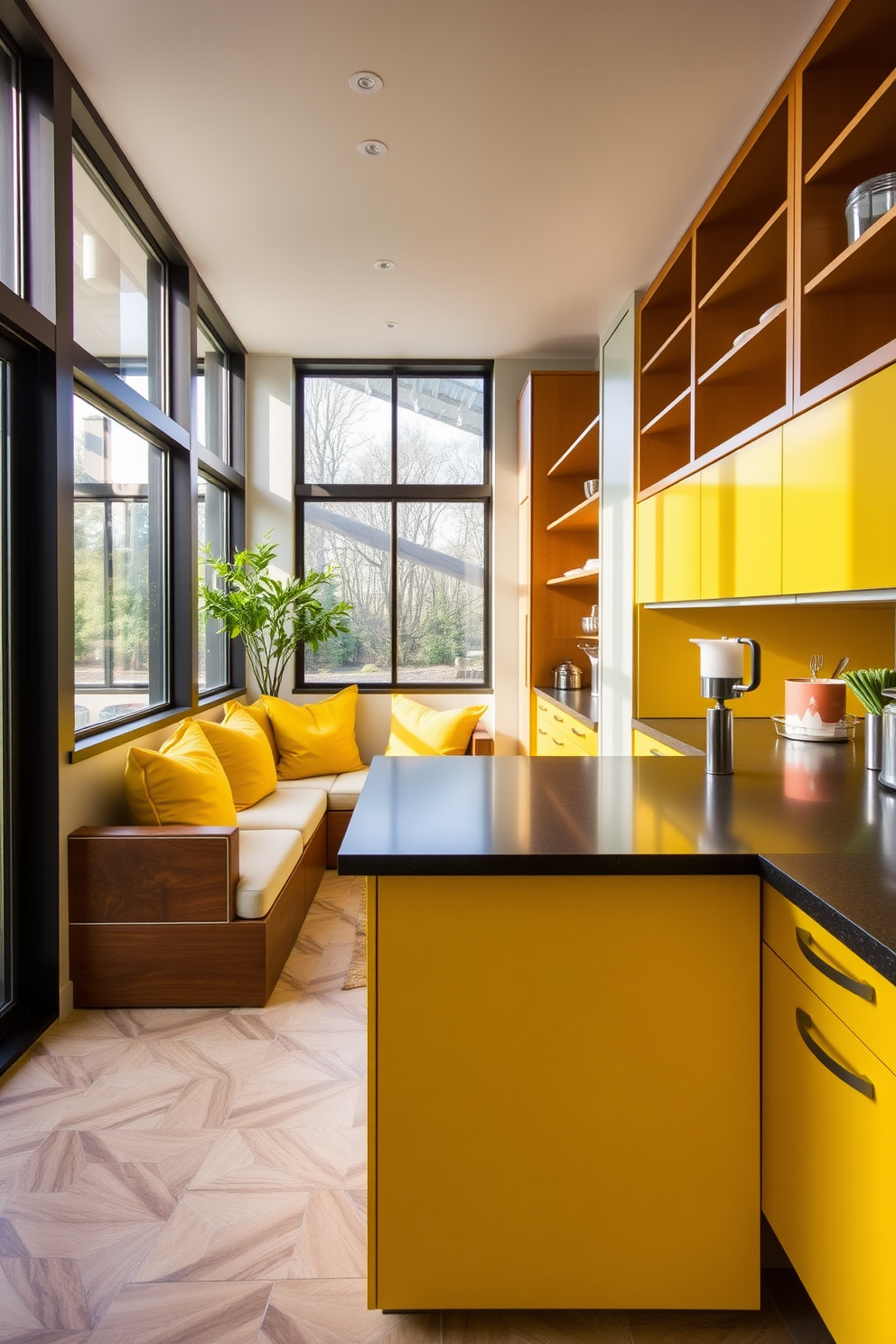 A collection of yellow spice jars arranged neatly on a wooden shelf creates a coordinated and vibrant look in the kitchen. The warm tones of the jars complement the surrounding decor, enhancing the overall aesthetic of the space. Incorporating yellow pantry design ideas can bring a cheerful and inviting atmosphere to the kitchen. Consider using yellow cabinetry or accents to create a bright and functional pantry area that stands out.