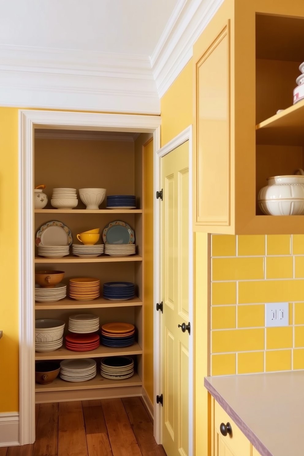 A cozy kitchen space featuring a yellow rug that adds warmth and comfort underfoot. The rug complements a stylish pantry with open shelving, showcasing neatly organized jars and colorful kitchenware. The pantry design incorporates bright yellow accents, creating a cheerful atmosphere. A wooden countertop provides additional workspace, while soft lighting enhances the inviting feel of the room.