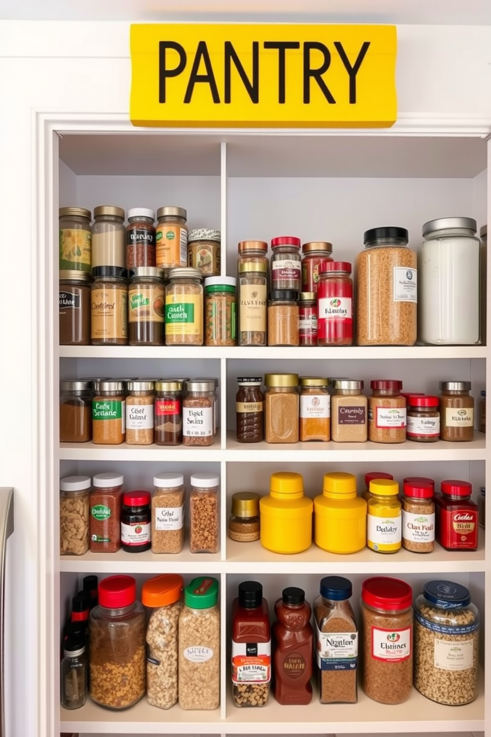 A bold yellow pantry sign adds a vibrant touch to the kitchen space. The pantry features open shelving filled with colorful jars and neatly organized spices, creating a cheerful and inviting atmosphere.