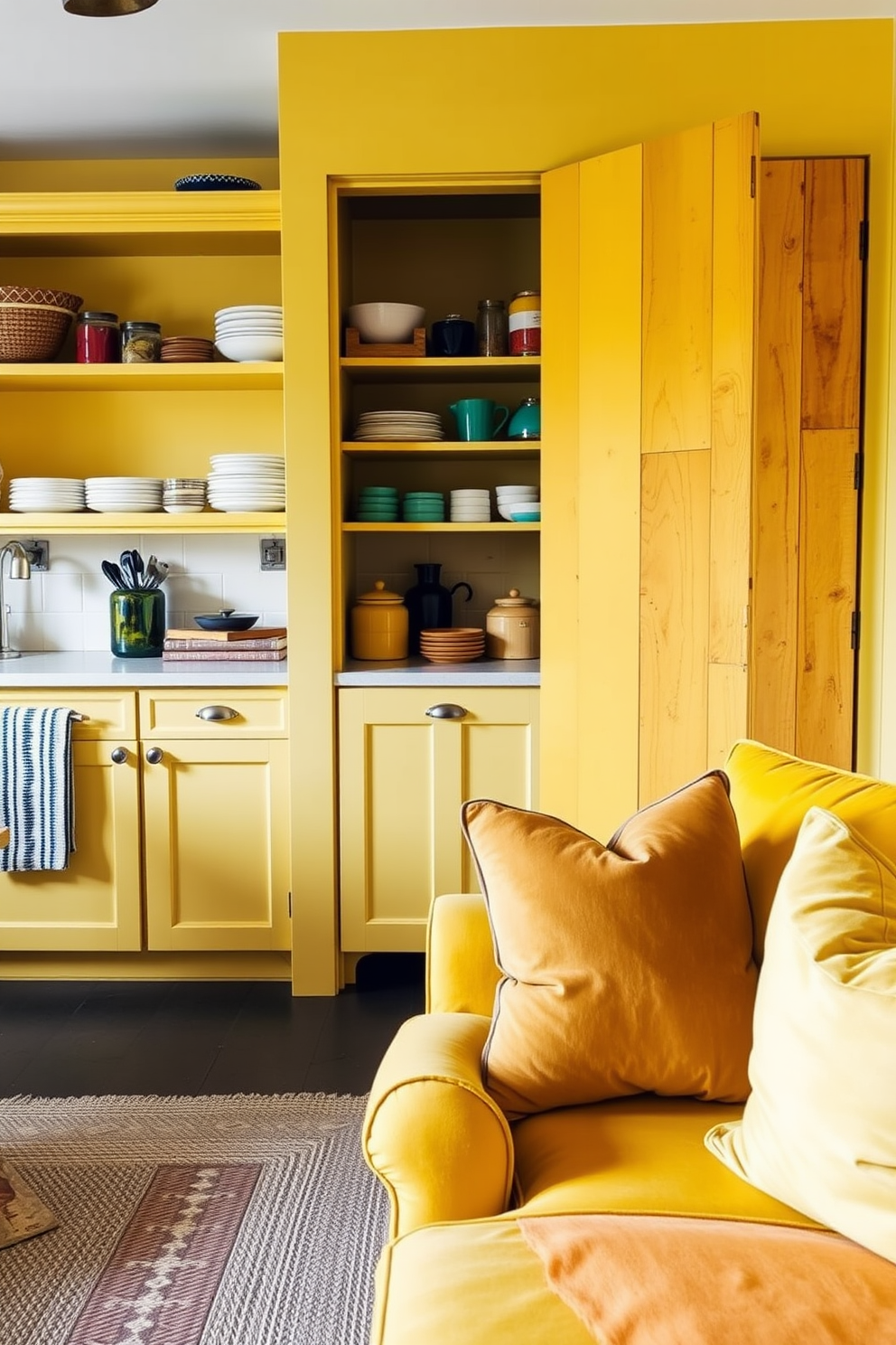 A cozy kitchen space featuring a yellow pantry with open shelving displaying colorful dishes and jars. The pantry door is made of reclaimed wood, adding warmth and character to the bright yellow hues. A stylish seating area with a mix of textures including soft yellow cushions on a velvet sofa. The space is complemented by a woven rug and wooden accents, creating a harmonious blend of comfort and style.