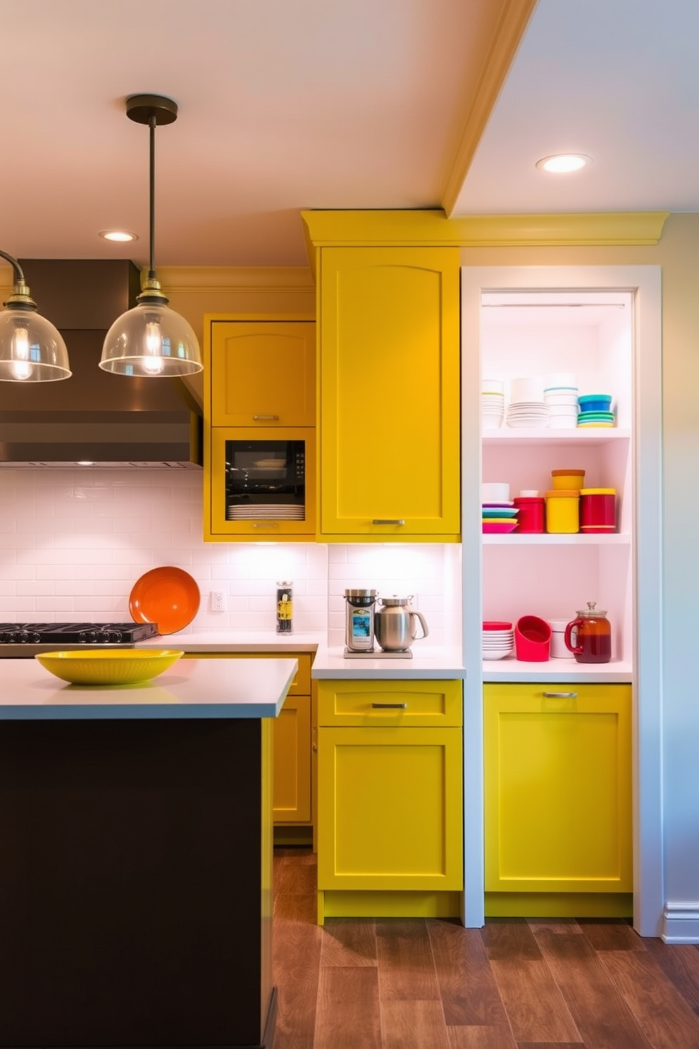 Layered lighting creates a warm and inviting atmosphere in the kitchen. Pendant lights hang above the island, while recessed lighting illuminates the cabinets, enhancing the overall ambiance. The pantry features a cheerful yellow color scheme that brightens up the space. Open shelving displays colorful dishware and storage containers, making it both functional and aesthetically pleasing.