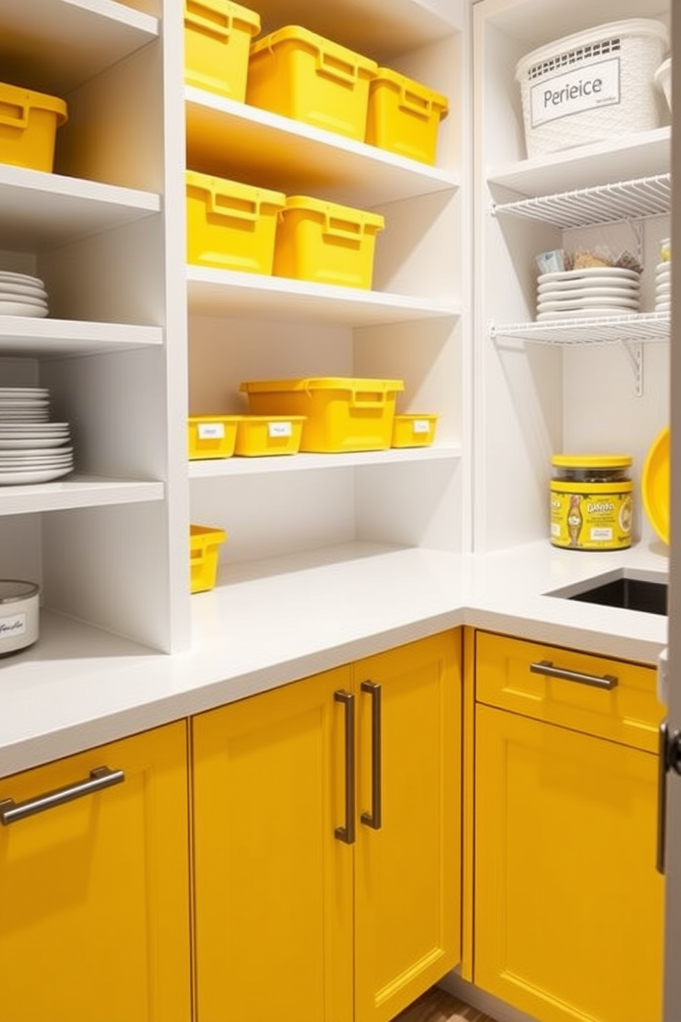 Creative storage solutions with yellow bins. Bright yellow bins are neatly organized on open shelves, providing a cheerful pop of color while maximizing space. Yellow pantry design ideas. The pantry features yellow cabinets with sleek handles, complemented by a stylish countertop that enhances functionality and aesthetics.