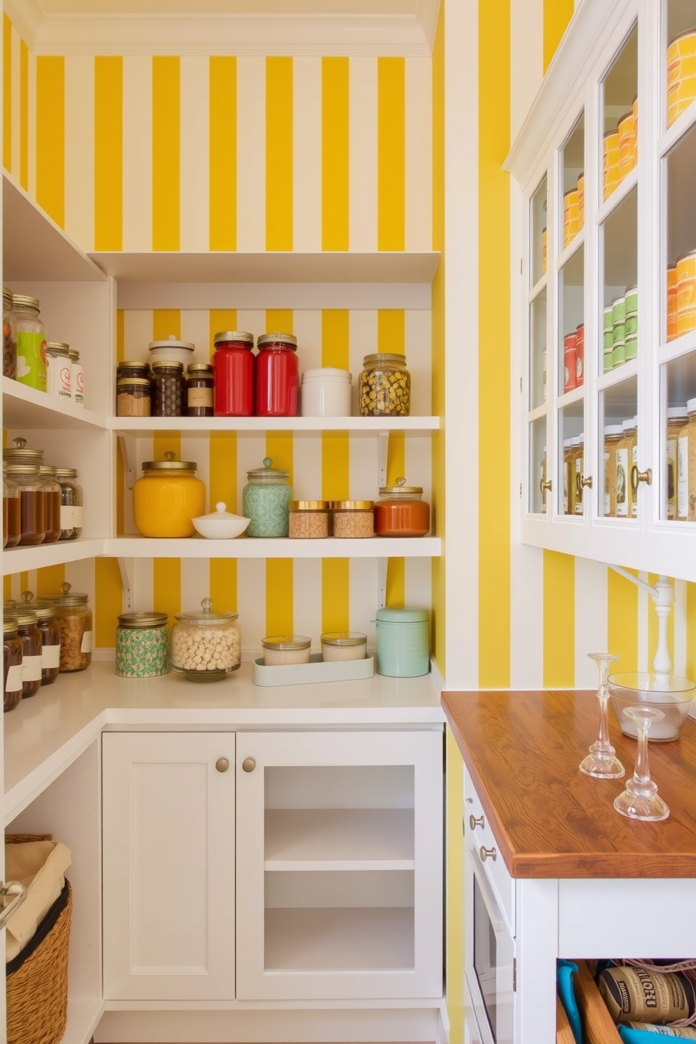 A bright and cheerful pantry featuring yellow and white striped wallpaper that adds a playful touch to the space. The pantry is organized with open shelving displaying colorful jars and decorative containers, complemented by a rustic wooden countertop for food preparation.