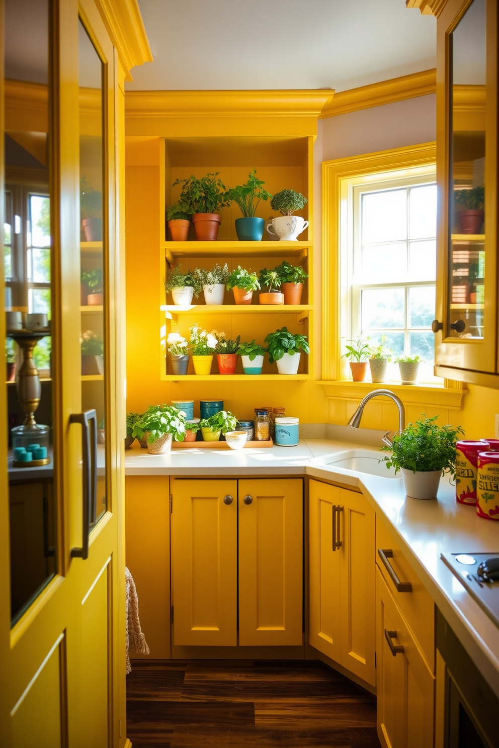 A cheerful pantry design featuring a yellow and gray color scheme. The walls are painted a soft yellow, complemented by gray cabinetry with sleek hardware. Open shelving displays neatly organized jars and canisters in various shades of yellow. A gray countertop provides ample workspace, while a small yellow accent rug adds warmth to the floor.