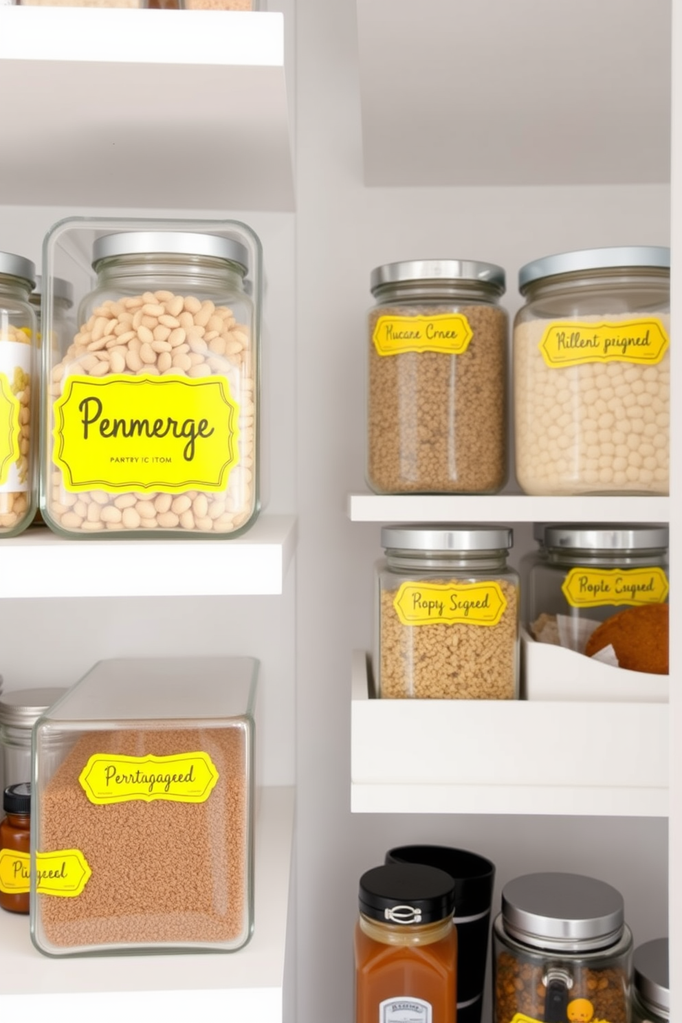 Personalized pantry labels in yellow font are elegantly arranged on clear glass containers. The bright yellow color adds a cheerful touch to the overall design, making the pantry feel organized and inviting. The shelves are painted in a soft white to contrast with the vibrant labels. Each container is neatly filled with various pantry staples, enhancing both functionality and aesthetics.