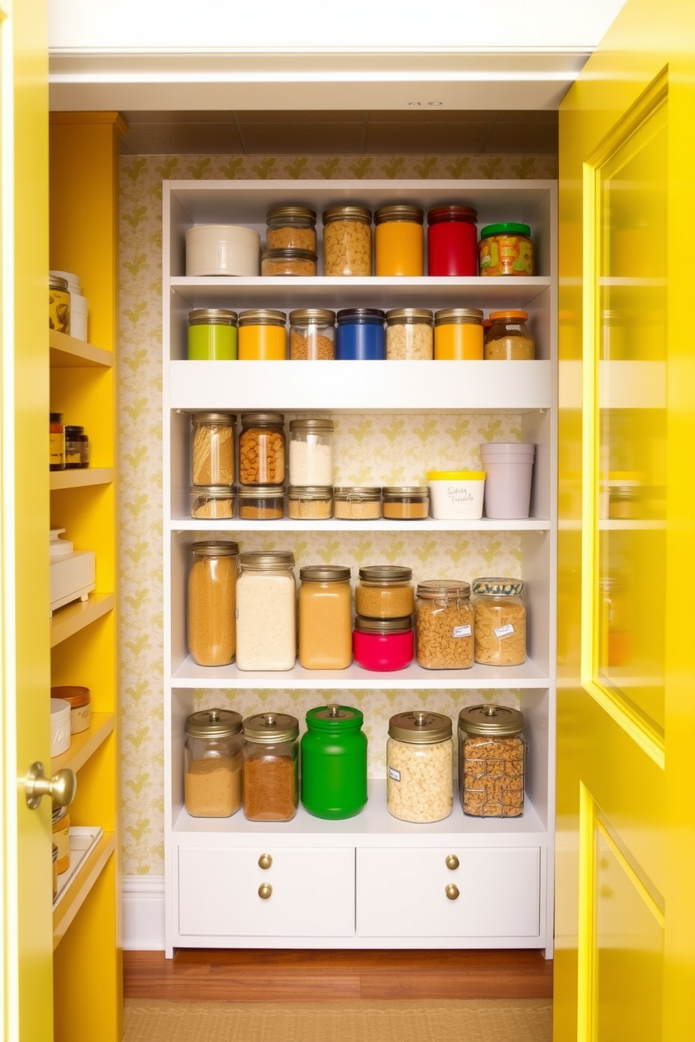 A bright yellow pantry features patterned wallpaper that adds playful charm to the space. Shelves lined with colorful jars and containers create an inviting atmosphere while maximizing storage.