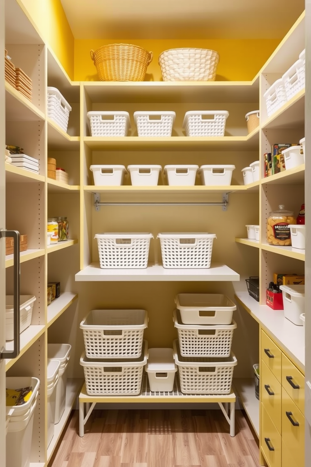 A cozy pantry design featuring yellow lighting installed under the shelves to create a warm ambiance. The shelves are filled with neatly organized jars and containers, showcasing a variety of grains, spices, and snacks. The walls are painted in a soft white to enhance the brightness of the yellow lights. A wooden countertop provides a functional space for meal prep, complemented by stylish storage baskets beneath.