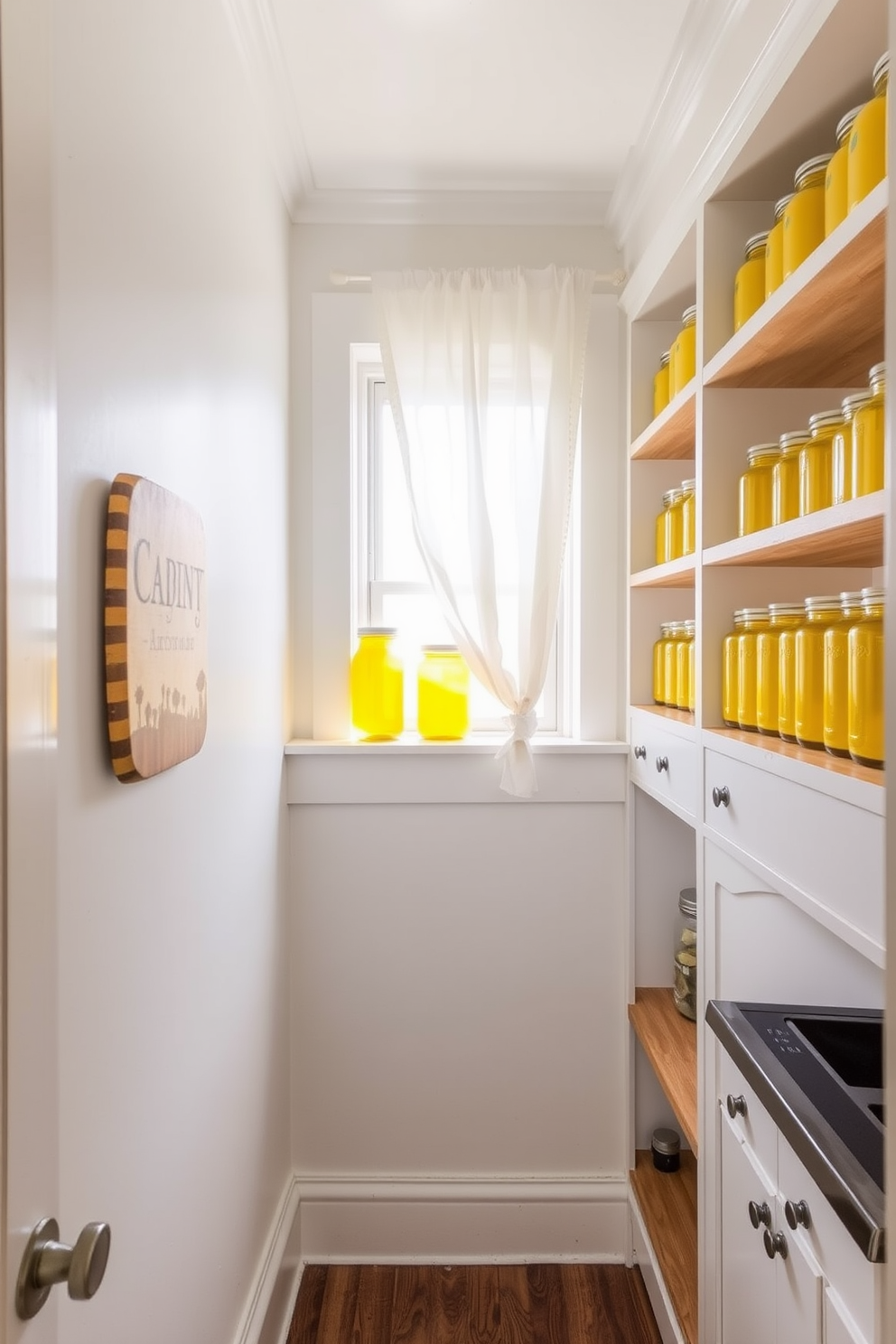 A charming kitchen pantry featuring vintage yellow jars arranged neatly on open wooden shelves. The walls are painted in soft white, creating a bright and airy atmosphere, while natural light floods in through a window adorned with sheer curtains.