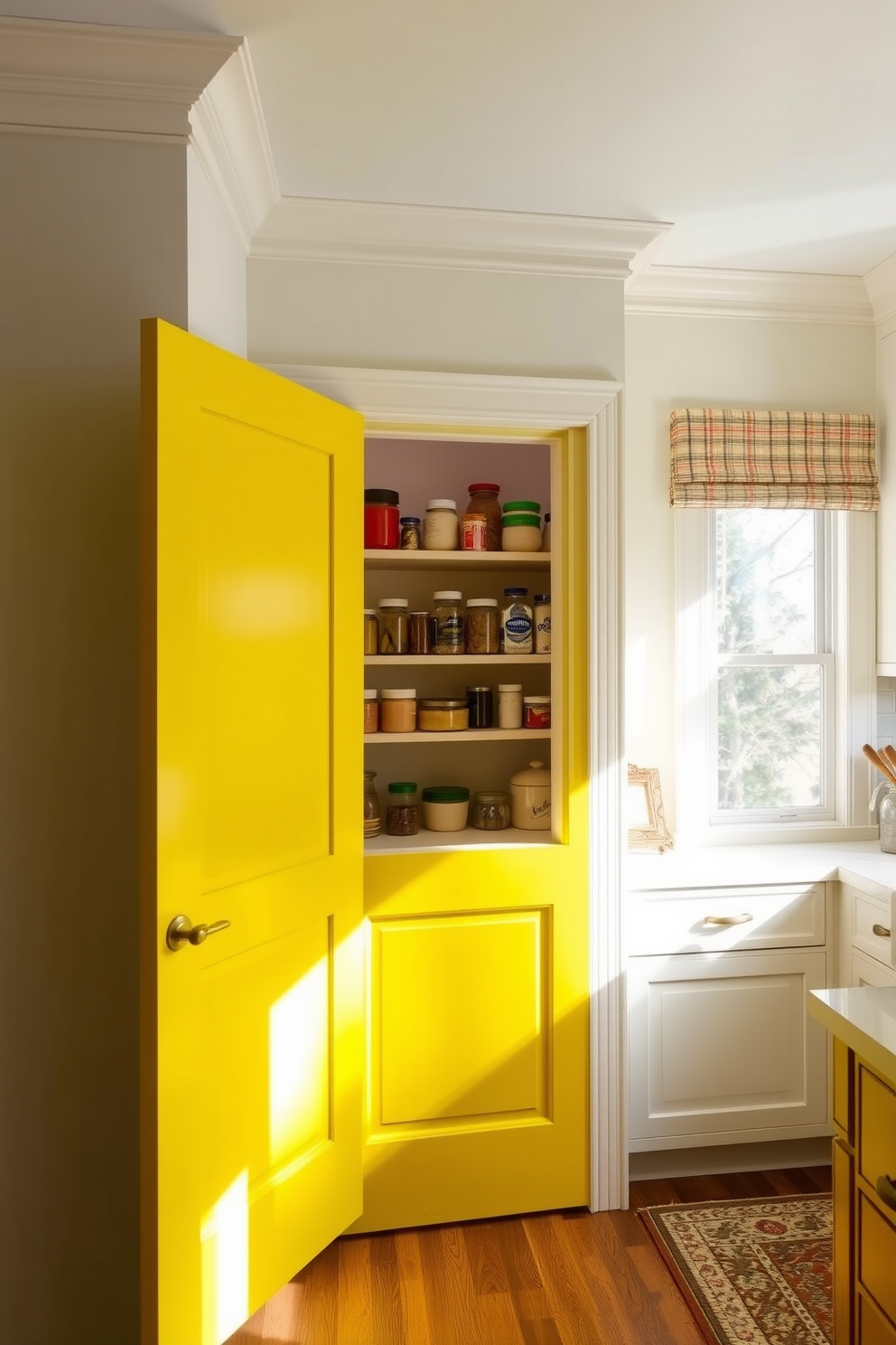 A bright yellow pantry door stands out against a backdrop of soft white cabinetry, creating a cheerful focal point in the kitchen. Inside the pantry, organized shelves display an array of colorful jars and containers, enhancing the vibrant atmosphere. Natural light floods the space through a nearby window, illuminating the cheerful yellow and inviting warmth into the room. The combination of yellow with earthy wood accents adds a touch of modern charm to this functional area.