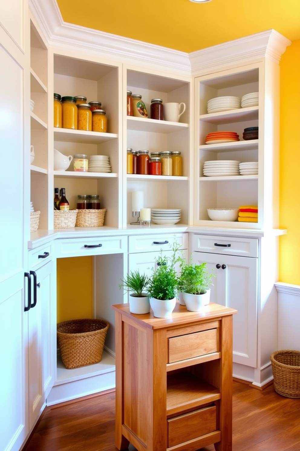 A bright and inviting pantry featuring a two-tone yellow and white color scheme. The walls are painted in a soft yellow while the cabinetry is a crisp white, creating a cheerful and modern atmosphere. Open shelving displays neatly arranged jars and colorful kitchenware, enhancing the aesthetic appeal. A small wooden island in the center provides additional storage and a workspace, adorned with fresh herbs in decorative pots.