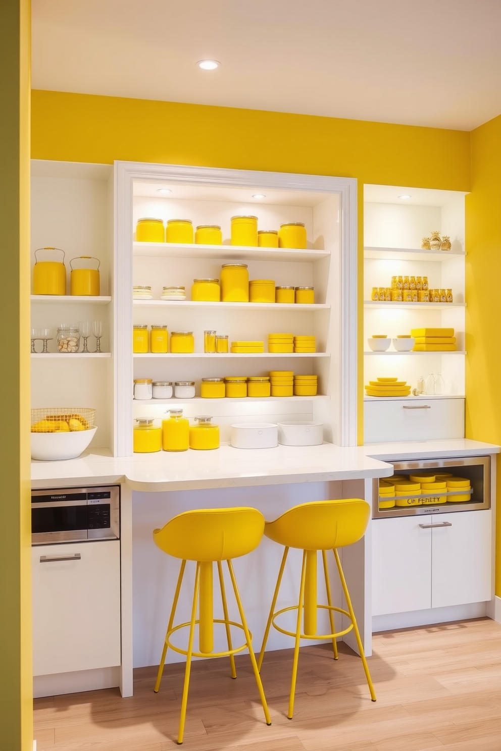 A modern kitchen pantry with yellow accents. The walls are painted in a soft yellow hue, and shelves are filled with vibrant yellow containers and jars. Accent lighting is strategically placed to illuminate the yellow features, creating a warm and inviting atmosphere. The space includes a stylish countertop with yellow bar stools that complement the overall design.