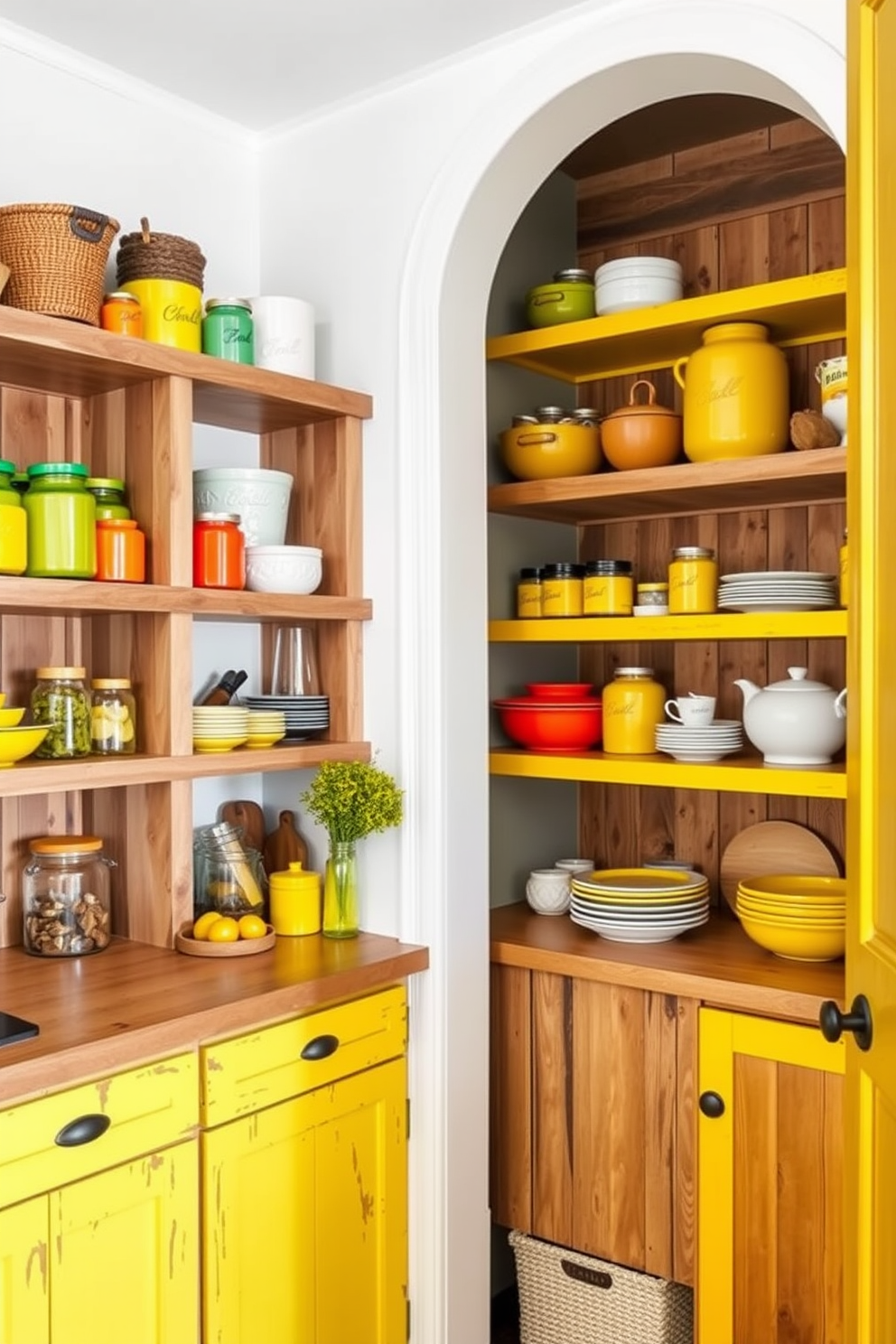 Rustic wooden shelves are adorned with bright yellow accents that bring warmth and cheer to the space. The shelves are filled with an array of colorful jars and kitchenware, creating a vibrant and inviting atmosphere. The pantry features a combination of rustic wooden cabinetry and cheerful yellow details that enhance its charm. Open shelving allows for easy access to everyday items while showcasing decorative pieces that reflect a cozy, farmhouse style.