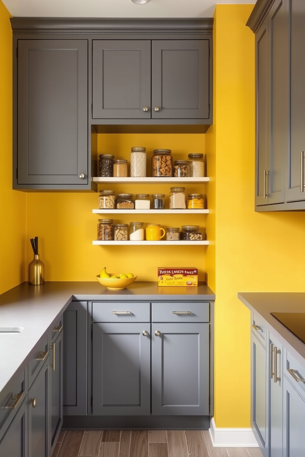 A stunning kitchen pantry featuring a harmonious yellow and gray color scheme. The walls are painted a soft yellow, while the cabinetry showcases a sleek gray finish, creating a bright and inviting atmosphere. The pantry is organized with open shelving displaying elegant glass jars filled with dry goods. A stylish gray countertop complements the design, with decorative yellow accents such as a fruit bowl and kitchen towels adding a touch of warmth.