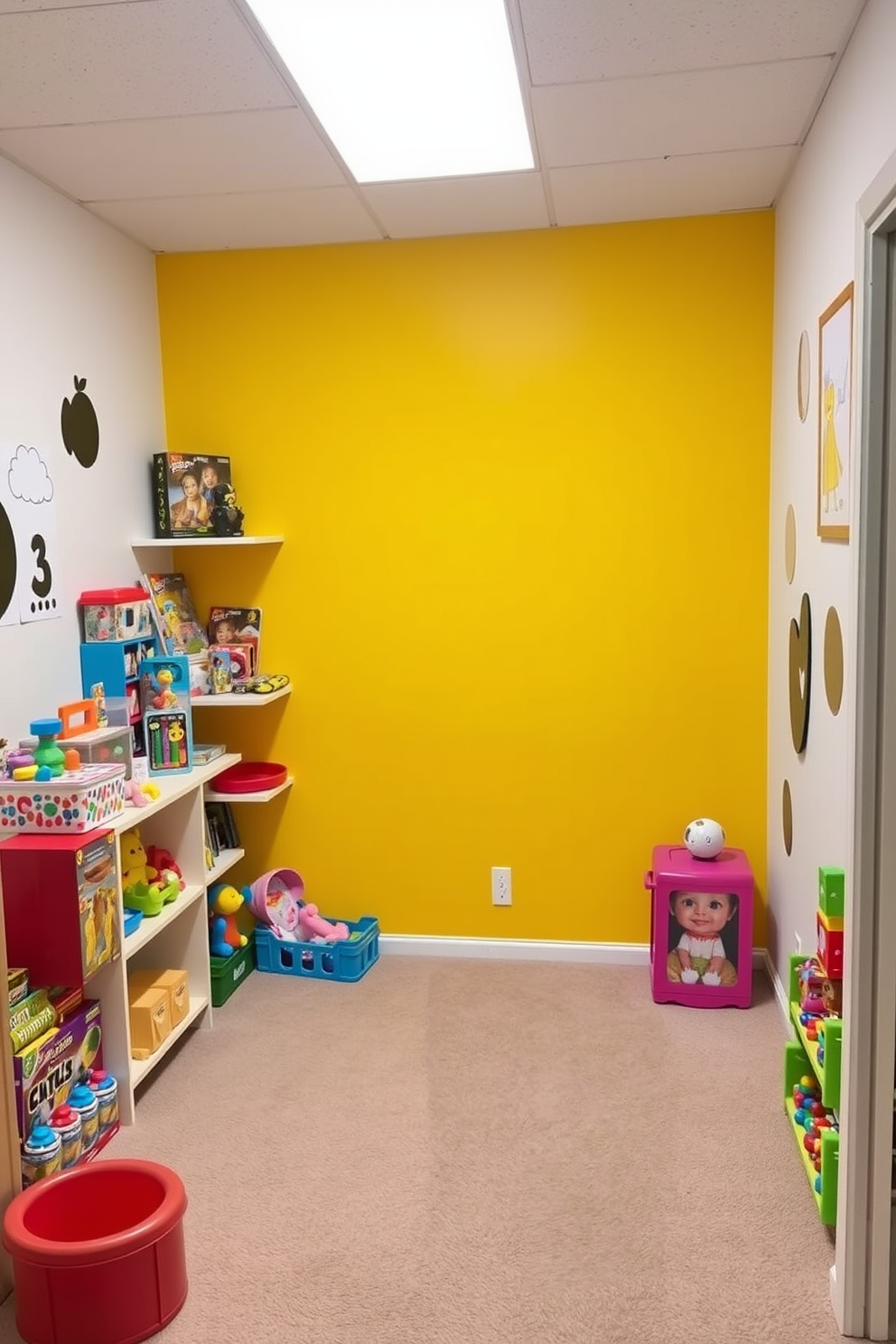 Bright yellow accent wall with a playful arrangement of colorful toys displayed on shelves. The floor is covered in soft, plush carpeting, and whimsical artwork adorns the walls to create a cheerful atmosphere.