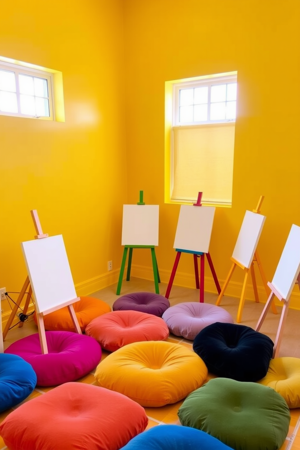 Bright yellow art corner with easels. The walls are painted in a vibrant yellow, creating an energizing atmosphere filled with creativity. Colorful easels are arranged in a semi-circle, each holding a canvas ready for painting. Plush floor cushions in various colors provide comfortable seating for children to gather and create art together.