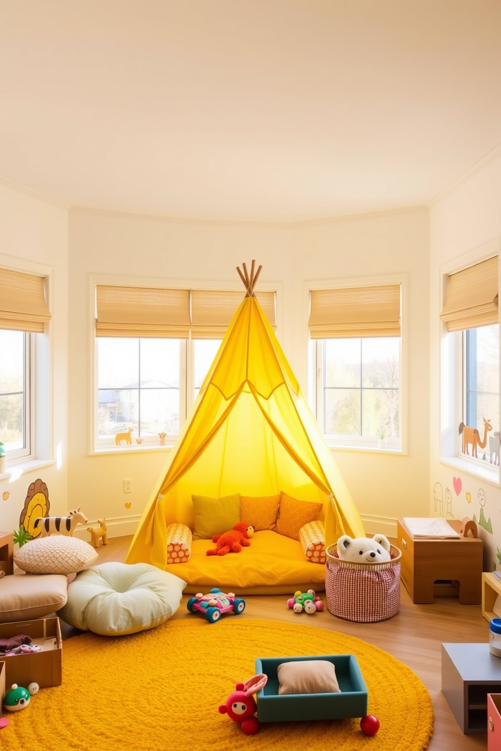 A cozy yellow play tent is set up in a bright and cheerful playroom filled with soft cushions and colorful toys. The walls are painted in a light pastel shade, creating a warm and inviting atmosphere for children to explore their imagination. The playroom features a fun yellow rug that adds a pop of color to the space, while playful wall decals of animals and nature enhance the whimsical feel. Large windows allow natural light to flood in, illuminating the area and making it a perfect spot for creative play.