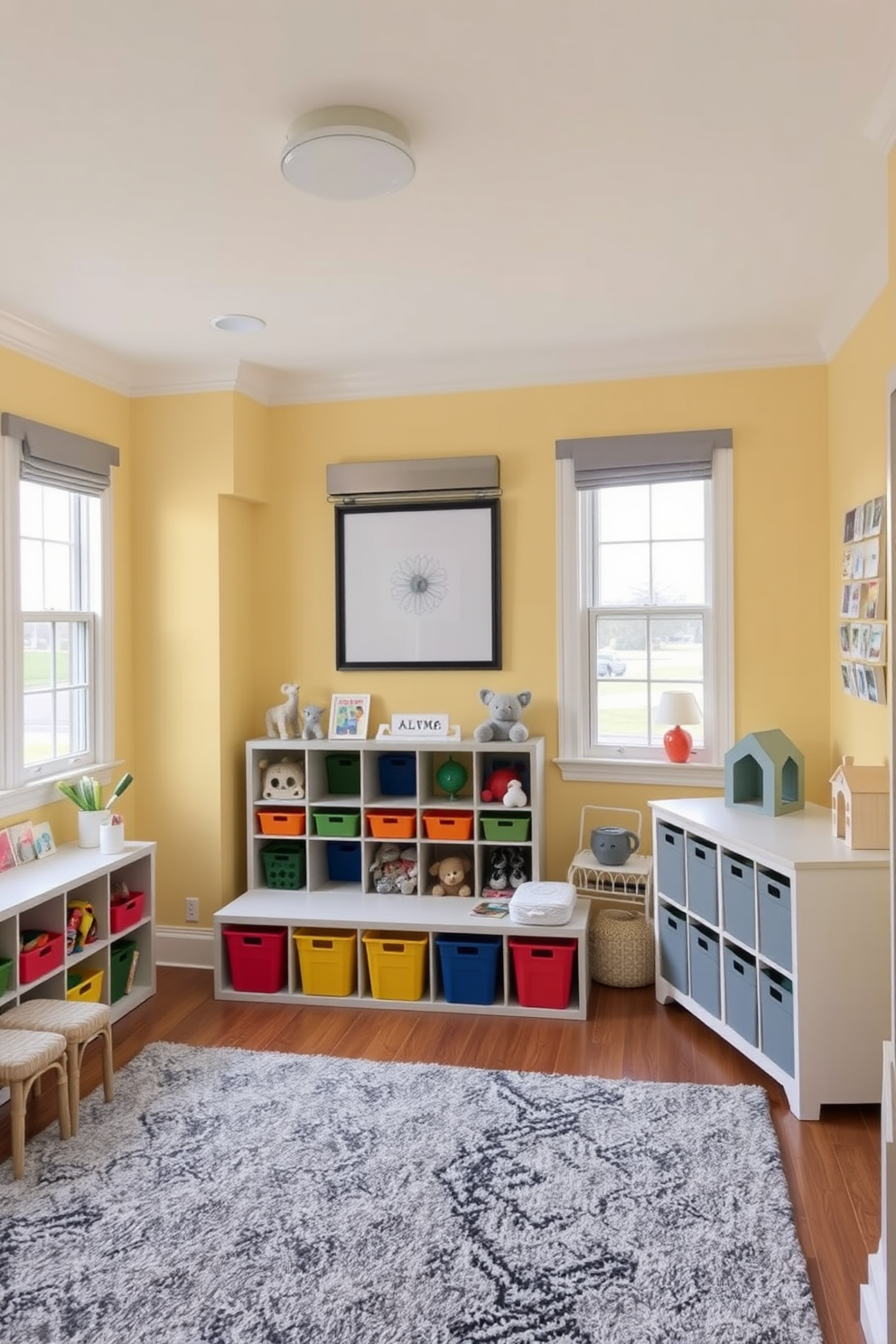 A cheerful playroom featuring bright yellow play tents that create cozy hideaways for children. The space is filled with soft cushions and playful decor, encouraging imaginative play and relaxation. The walls are painted in a soft pastel shade to complement the vibrant yellow tents. Colorful rugs and playful artwork add to the inviting atmosphere, making it a perfect space for creativity and fun.