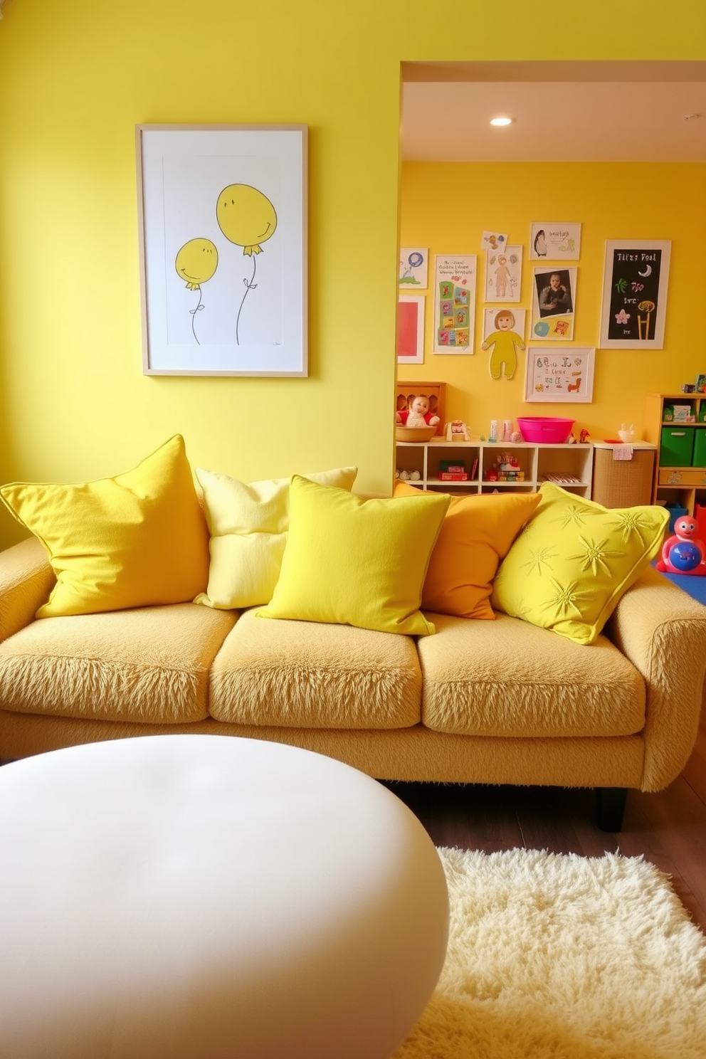 Create a vibrant seating area featuring yellow cushions arranged on a plush sofa. The cushions should vary in texture and pattern, adding depth and warmth to the space. Design a playful yellow-themed playroom filled with colorful toys and interactive elements. The walls should be adorned with cheerful artwork, and soft rugs should provide a cozy area for play.