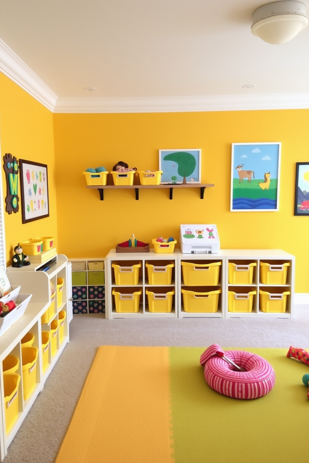 A vibrant playroom featuring fun yellow wall-mounted shelves adorned with colorful toys and books. The walls are painted in a cheerful pastel shade, creating a lively atmosphere perfect for creativity and play. The floor is covered with a soft, plush rug in playful patterns, providing a comfortable space for children to sit and engage in activities. Brightly colored bean bags and playful artwork complete the inviting and energetic design of the room.