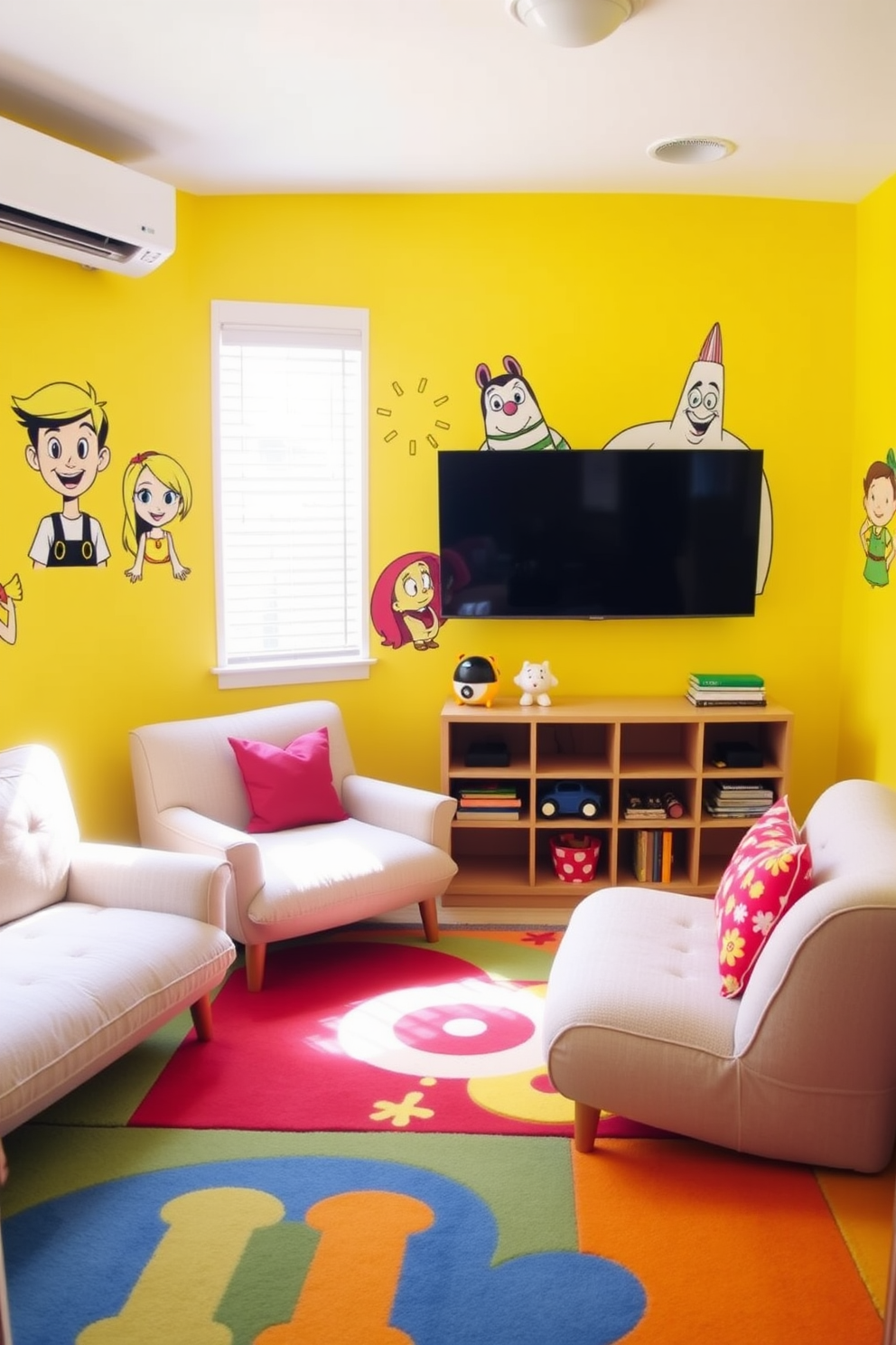 A bright and cheerful playroom filled with yellow wall decals showcasing favorite characters from children's shows. The space features soft, plush seating options and a colorful rug that invites play and creativity.