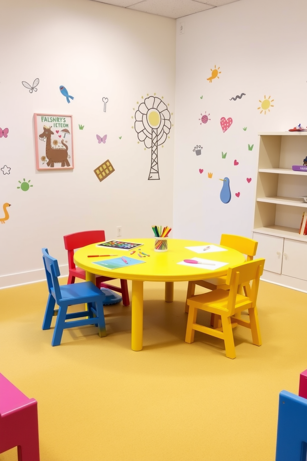 A playful yellow table sits in the center of a bright and cheerful playroom designed for arts and crafts. Surrounding the table are colorful chairs, and the walls are adorned with whimsical artwork and playful decals that inspire creativity.