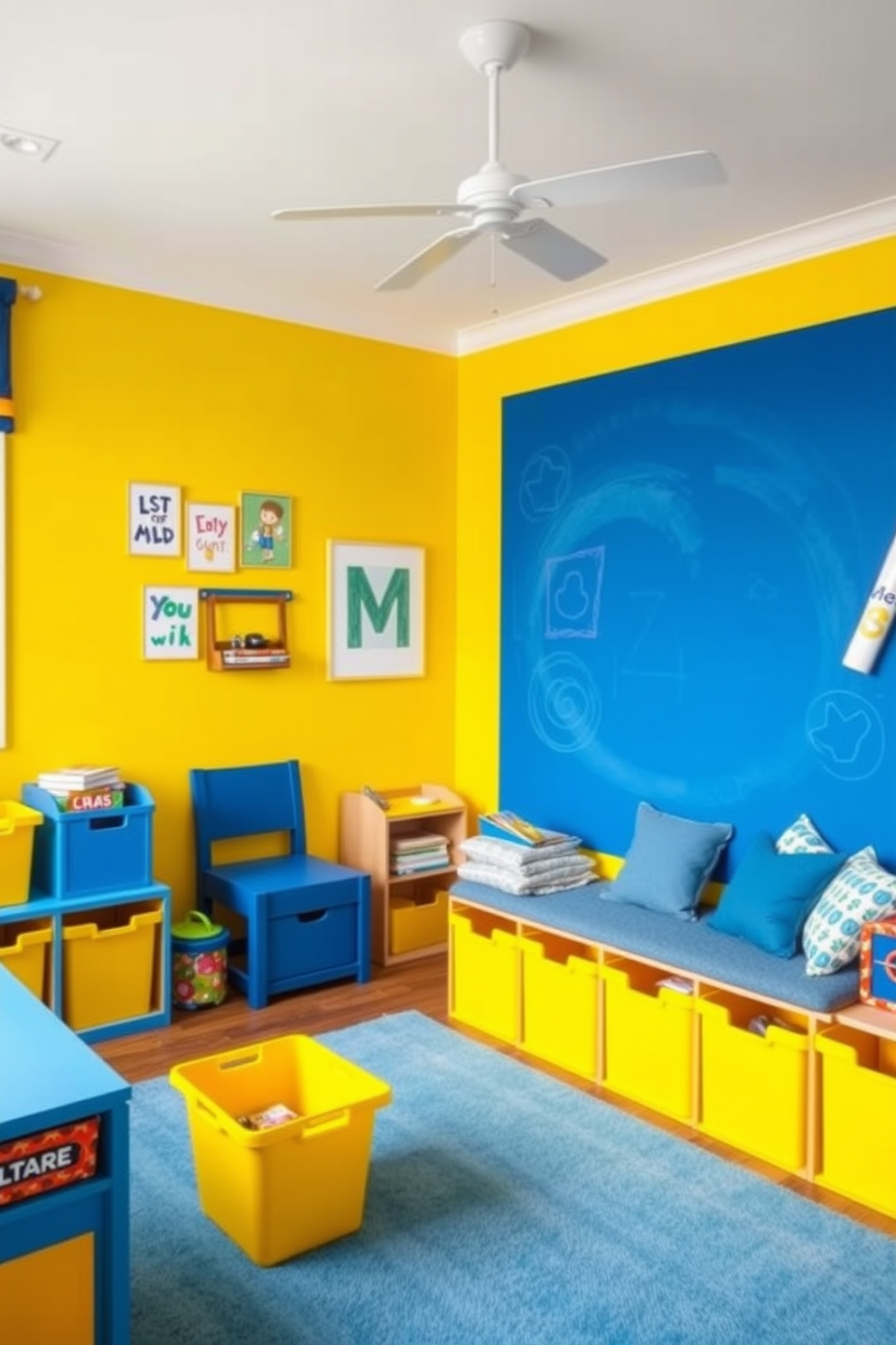 A vibrant playroom filled with interactive yellow wall games invites children to engage and explore. The walls are adorned with various game elements such as climbing panels and chalkboards, creating a stimulating environment. The playroom features soft yellow accents throughout, including plush seating and playful decor. Large windows allow natural light to flood the space, enhancing the cheerful atmosphere.