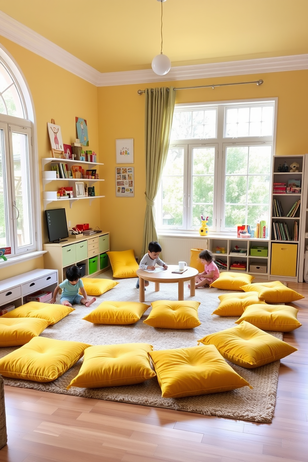 A cozy playroom filled with vibrant yellow floor cushions scattered across a soft rug, inviting children to sit and play comfortably. The walls are painted in a cheerful pastel shade, adorned with playful artwork and shelves filled with colorful toys and books. A bright and airy playroom featuring yellow floor cushions arranged around a low table, perfect for arts and crafts activities. Large windows allow natural light to flood the space, creating a warm and welcoming atmosphere for creativity and fun.