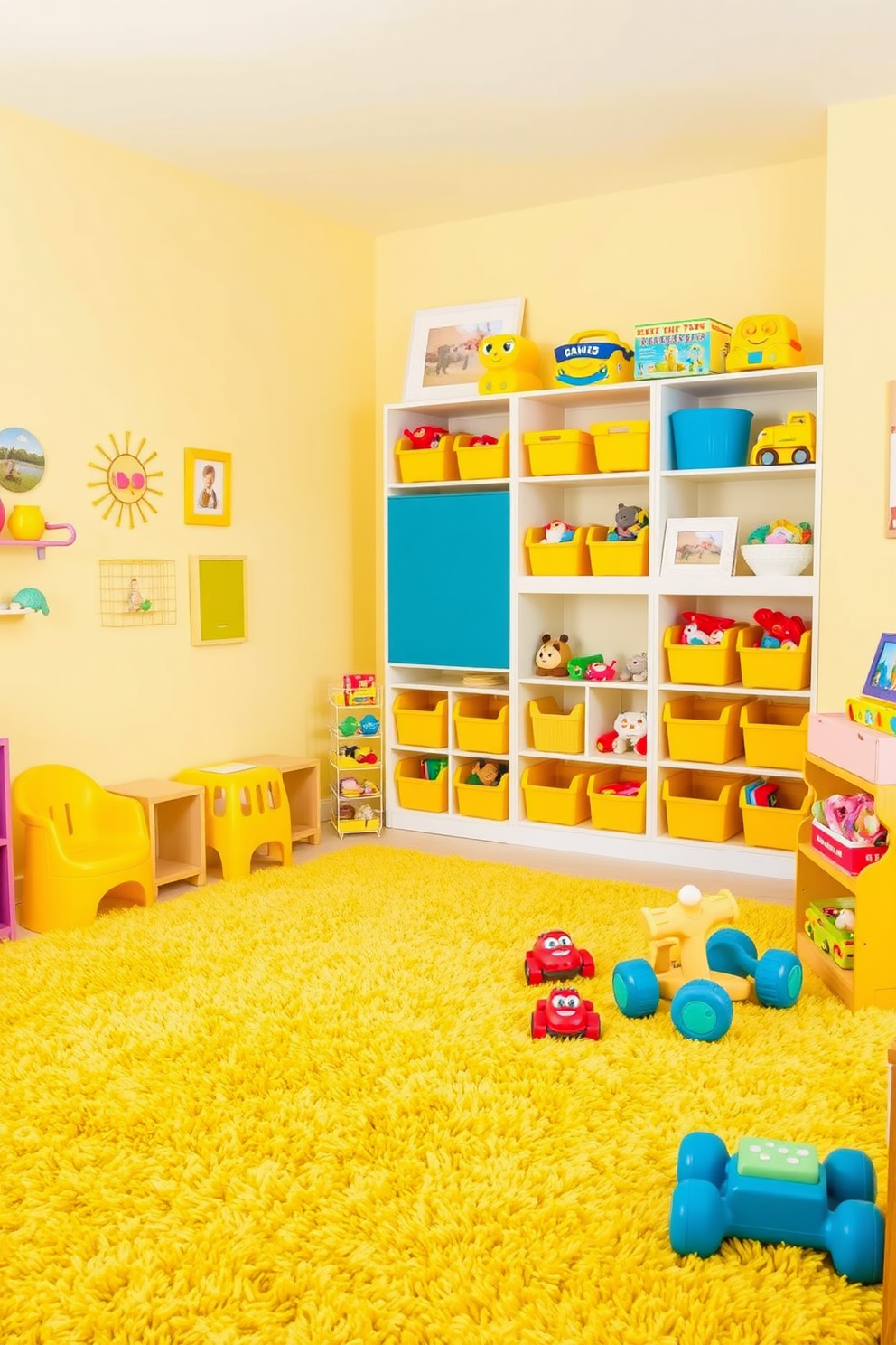 A vibrant playroom filled with lively yellow play mats provides a cheerful and safe environment for children to enjoy. The walls are painted in a soft white, accented with playful yellow and gray decor, creating a bright and inviting space.