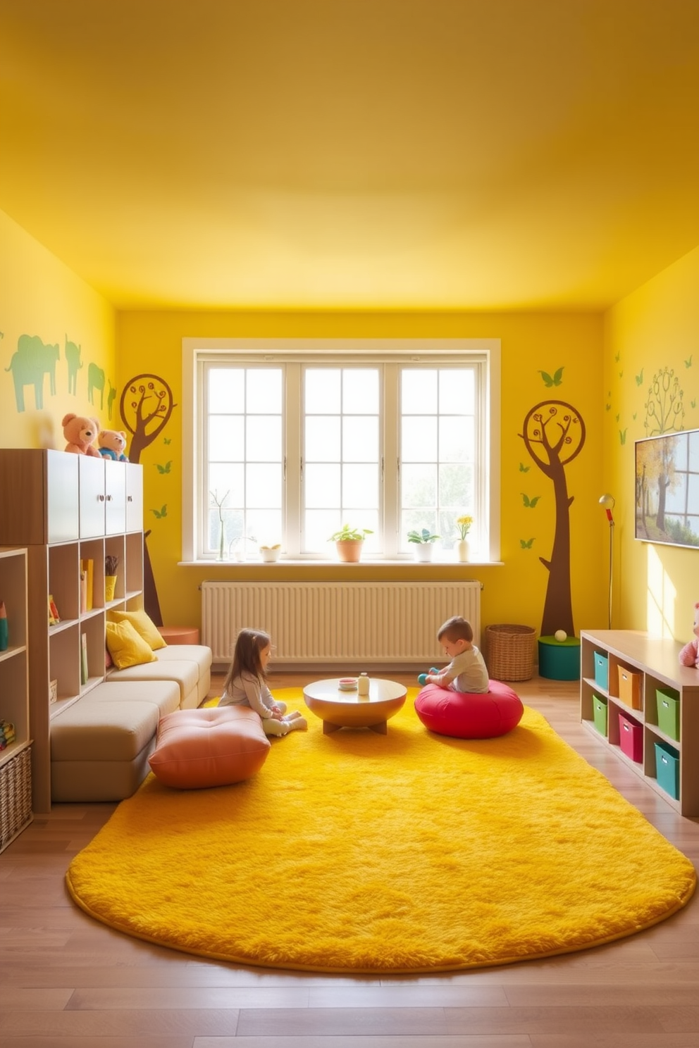 A playful playroom filled with natural light. The floor is covered with sunny yellow rugs that add warmth and comfort to the space. Colorful furniture pieces in shades of blue and green are arranged for fun and creativity. A cozy reading nook with plush cushions invites children to explore their imaginations.