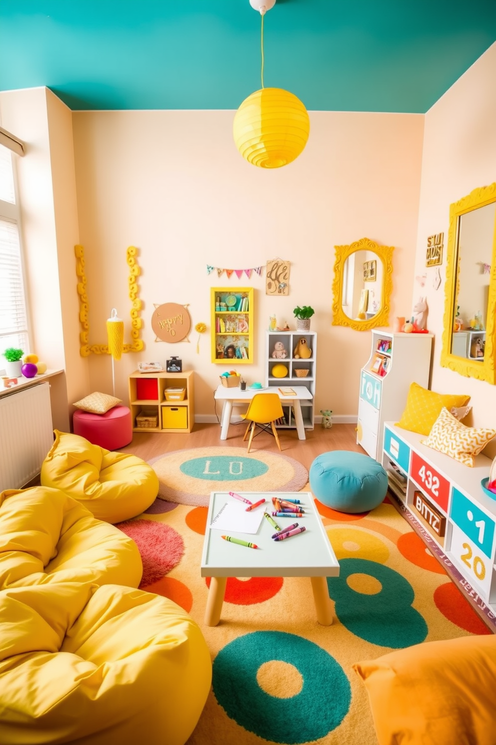 A vibrant playroom filled with yellow accents and playful decor. The walls are painted in a soft pastel shade, creating a cheerful atmosphere while the yellow framed mirrors reflect light and enhance the sense of space. Colorful rugs and bean bags are scattered around for comfort and fun. A dedicated art corner features a small table with crayons and paper, encouraging creativity in this lively environment.