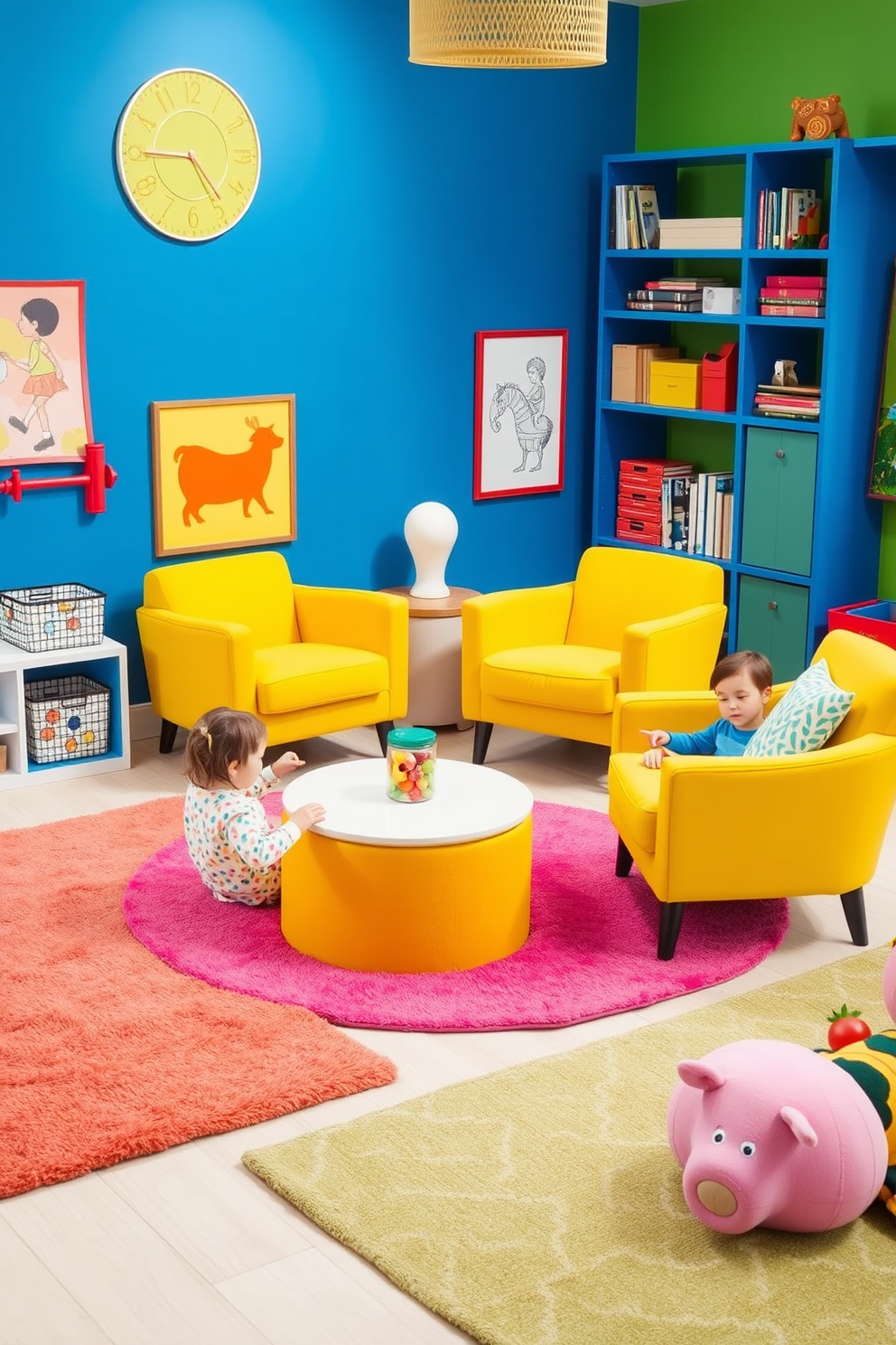 A vibrant playroom filled with creativity and fun. The space features yellow accent chairs that provide stylish seating, inviting children to relax and engage in play. Brightly colored walls in shades of blue and green create a cheerful atmosphere. Soft rugs and playful artwork complement the yellow chairs, making the room a perfect haven for kids.