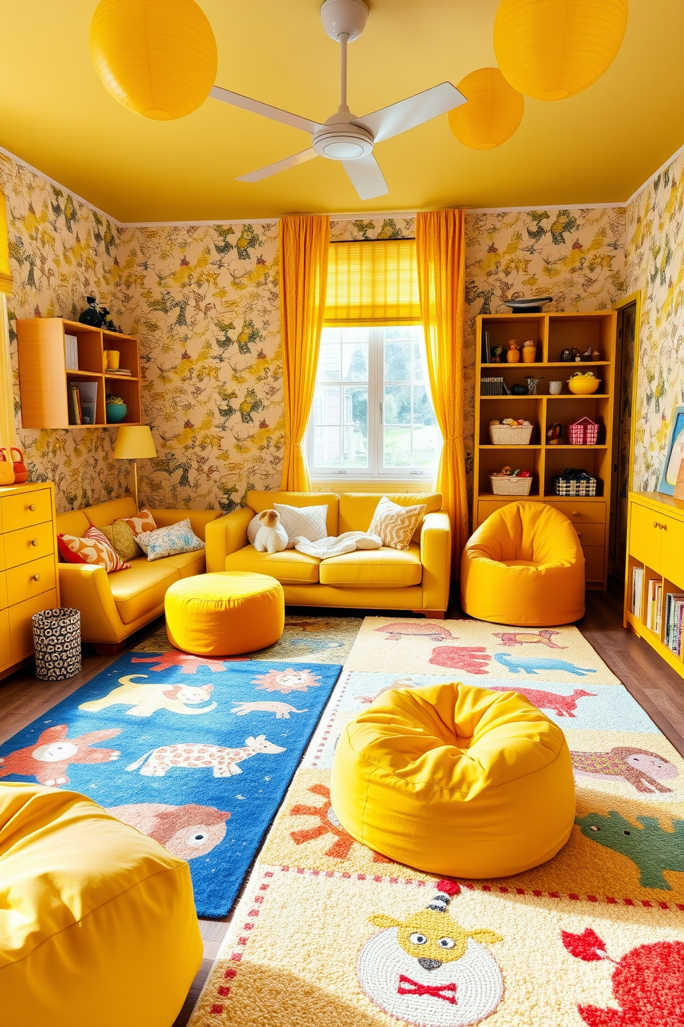 A vibrant playroom filled with yellow accents and playful animal motifs. The walls are adorned with cheerful animal-themed wallpaper, creating a lively atmosphere for children to enjoy. Bright yellow furniture pieces, including a cozy sofa and playful bean bags, invite relaxation and fun. Colorful rugs featuring various animals add texture and warmth to the space, making it a perfect spot for play and creativity.