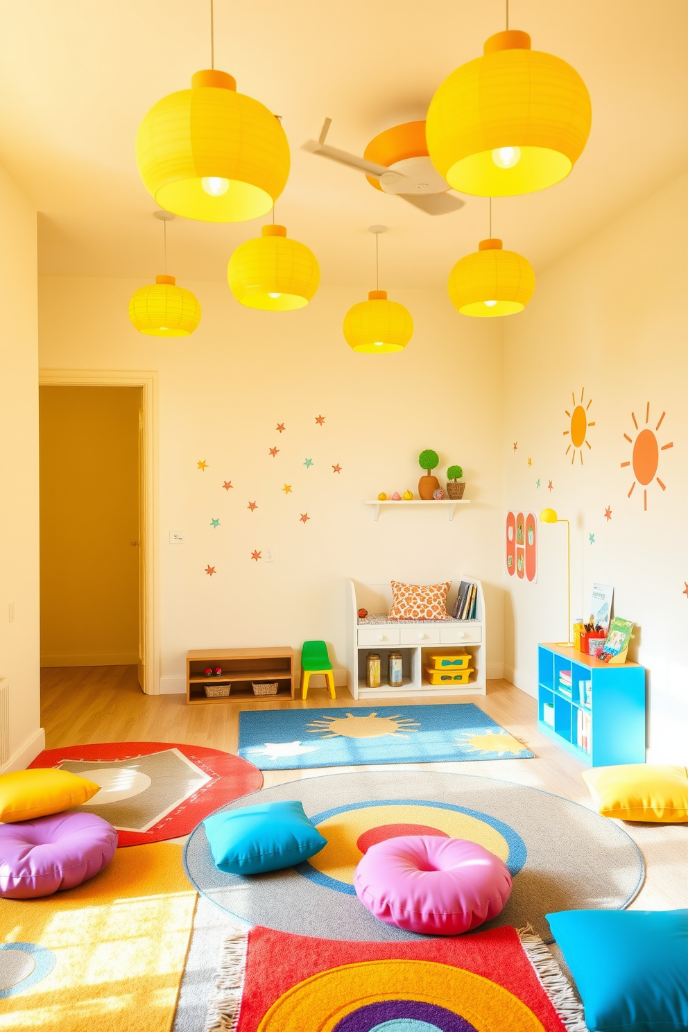 A vibrant playroom filled with sunshine and creativity. The walls are painted in a soft pastel color, with playful wall decals and a cozy reading nook in one corner. Bright yellow light fixtures hang from the ceiling, illuminating the space with warmth. Colorful rugs and soft cushions create an inviting area for children to play and explore.