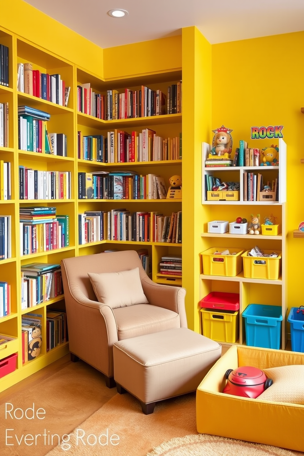 A bright and cheerful playroom filled with sunny yellow accents. The furniture includes a cozy yellow sofa paired with playful cushions and a vibrant yellow rug that adds warmth to the space.