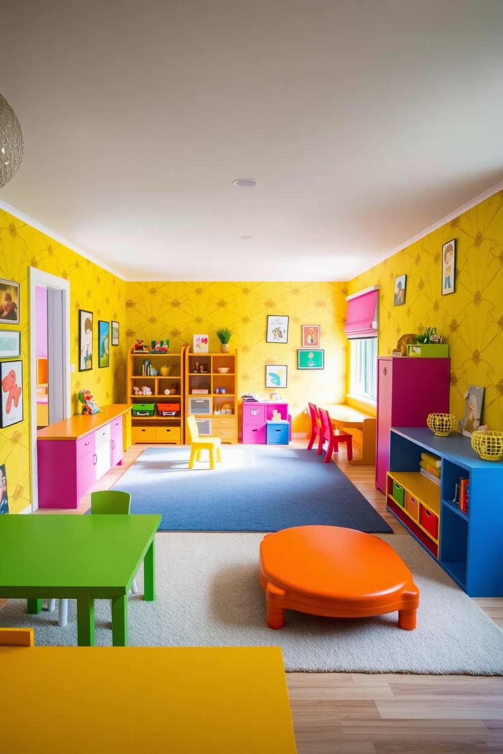 A vibrant playroom filled with energy and creativity. The walls are adorned with lively yellow wallpaper featuring playful geometric patterns. Brightly colored furniture complements the cheerful atmosphere. A soft area rug in contrasting colors adds comfort for playtime activities.