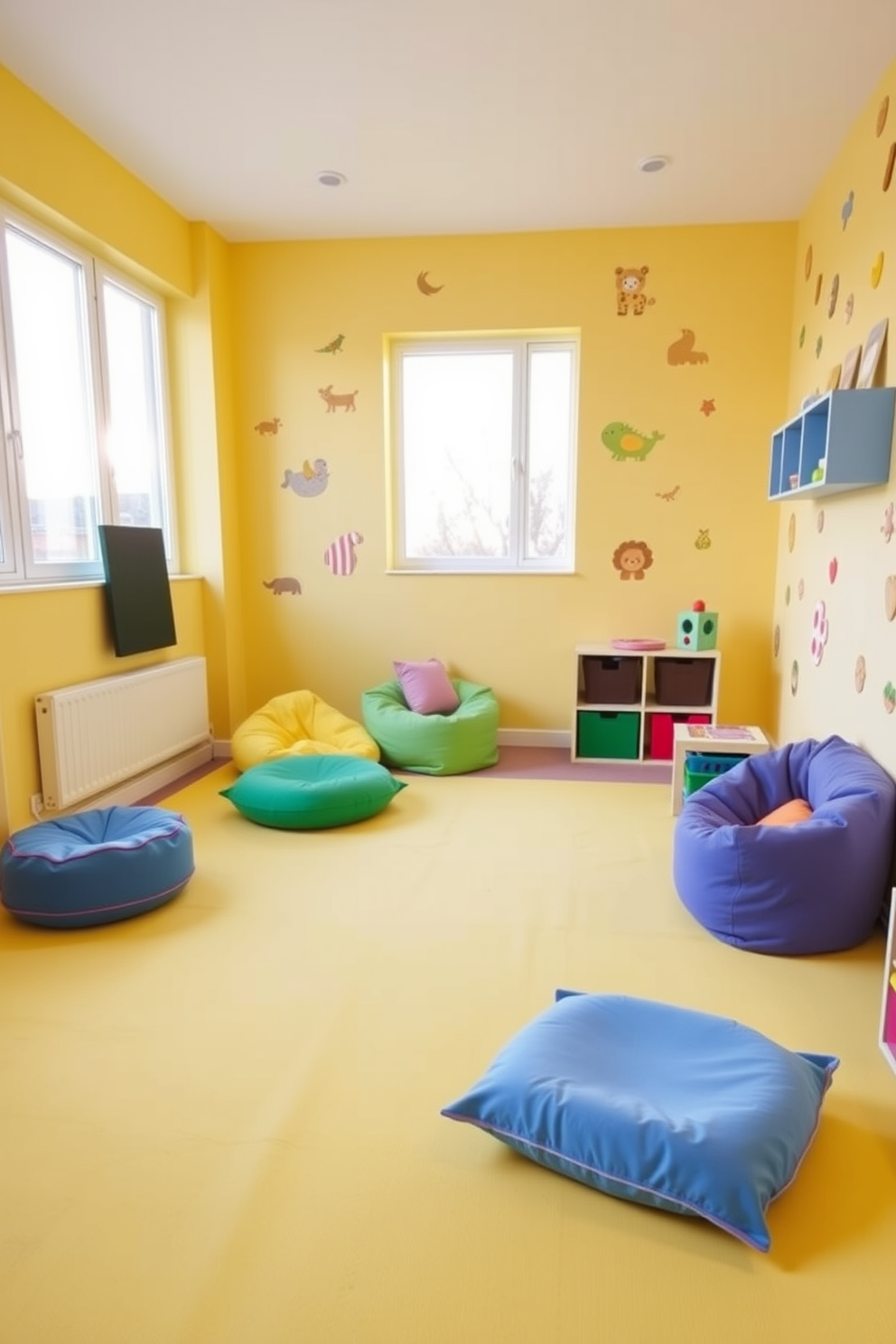 A bright and cheerful playroom filled with a soft yellow playmat that provides a safe area for children to play. The walls are painted in a light pastel shade of yellow, adorned with playful wall decals of animals and shapes. Cozy seating options are scattered around the room, including bean bags and a small reading nook with colorful cushions. Natural light floods the space through large windows, creating an inviting atmosphere for creativity and fun.