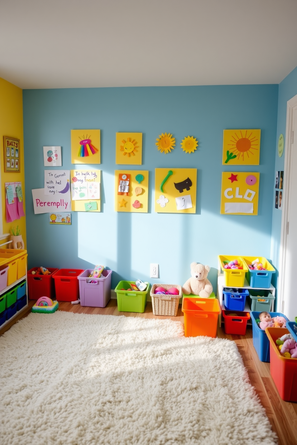 A vibrant playroom filled with creativity and joy. The walls are adorned with cheerful yellow wall art showcasing kids' creations, adding a personal touch to the space. Soft, plush rugs cover the floor, providing a comfortable area for play. Colorful storage bins are neatly arranged to keep toys organized and accessible, enhancing the playful atmosphere.