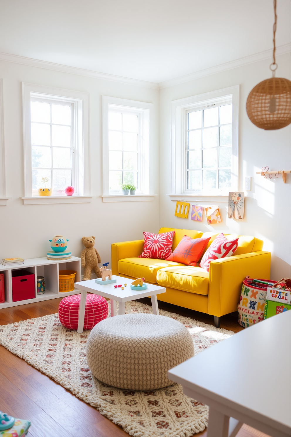 A playful and vibrant playroom filled with natural light. The walls are painted in a soft pastel hue, and a cozy rug covers the floor. Bright yellow pillows are scattered across a large bean bag and a low sofa, inviting children to sit and relax. Colorful storage bins are neatly arranged to keep toys organized and easily accessible.